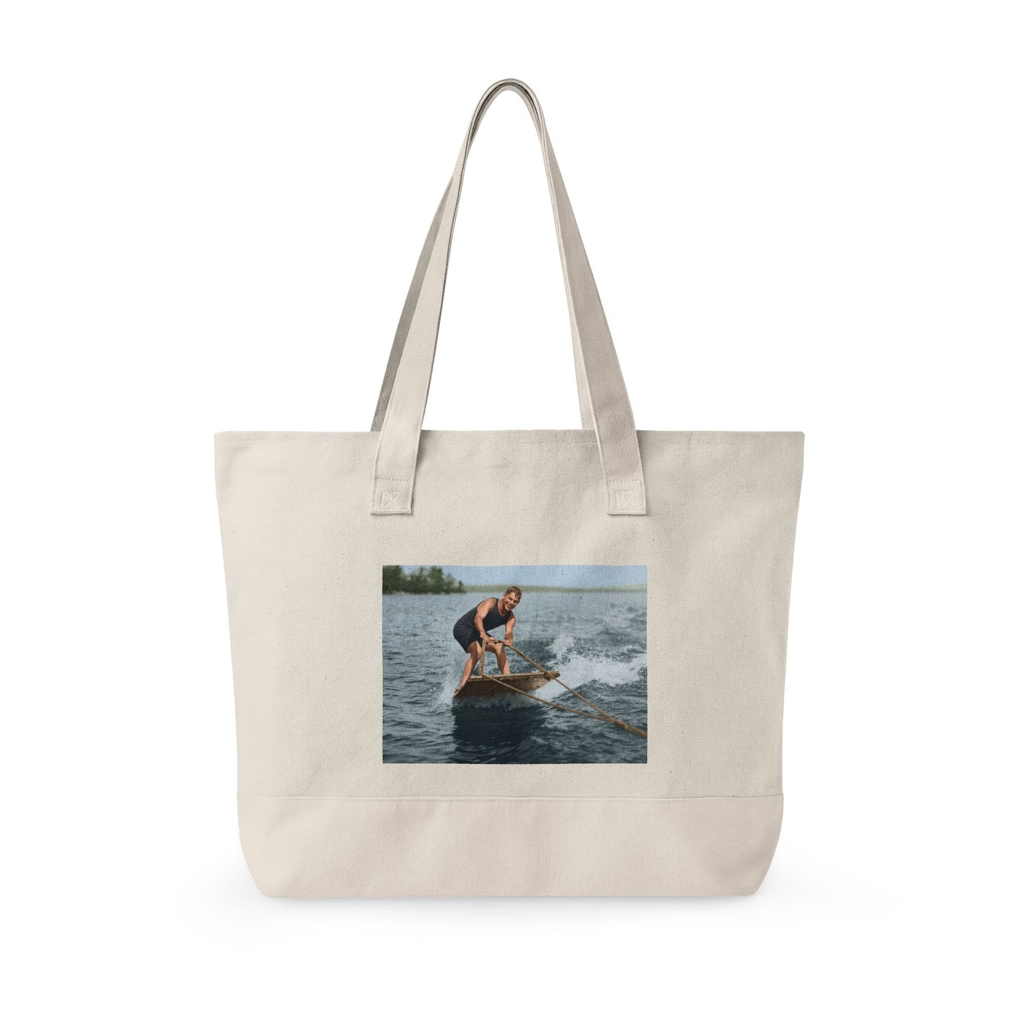 Man riding water wake with ropes vintage tote design 