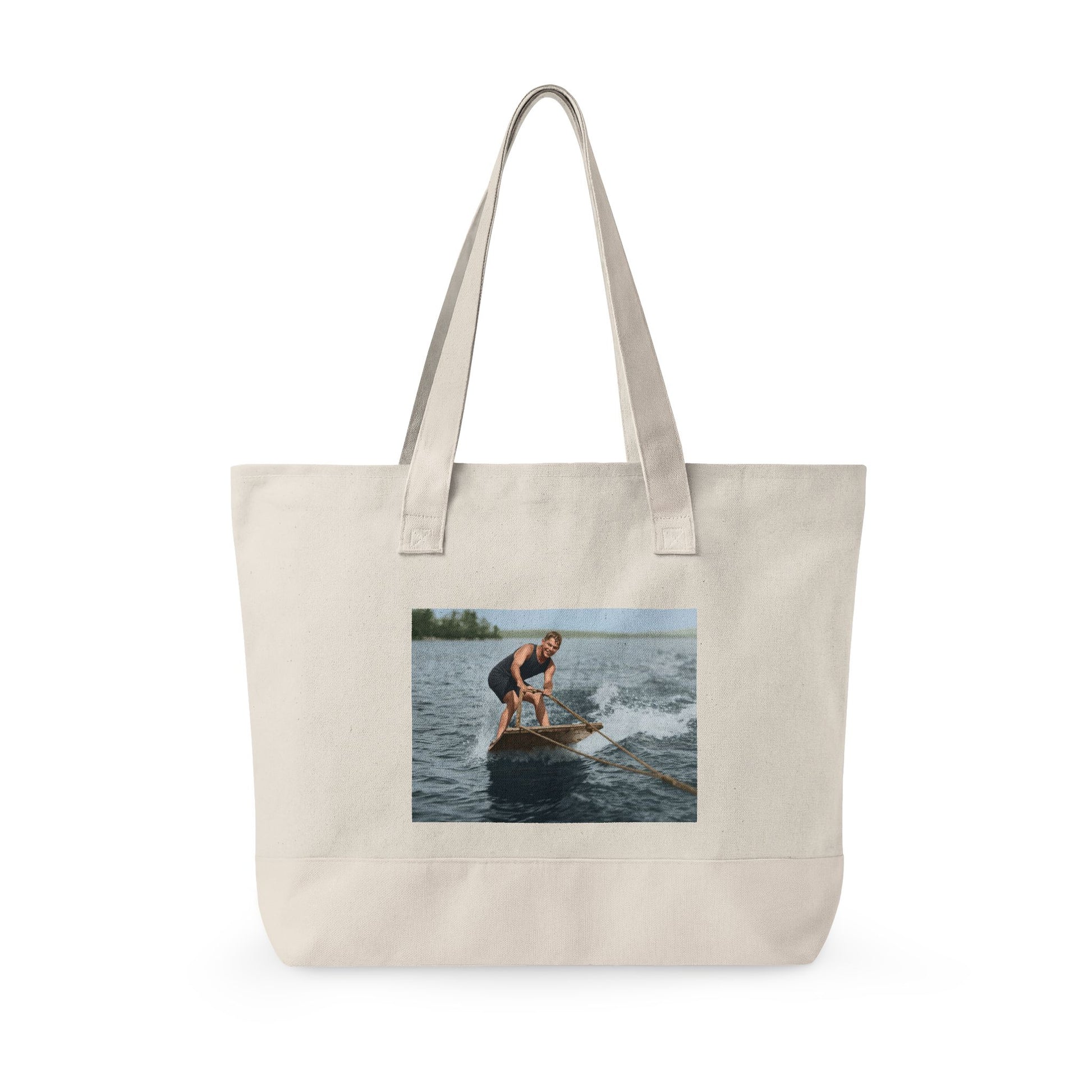 Man riding water wake with ropes vintage tote design 