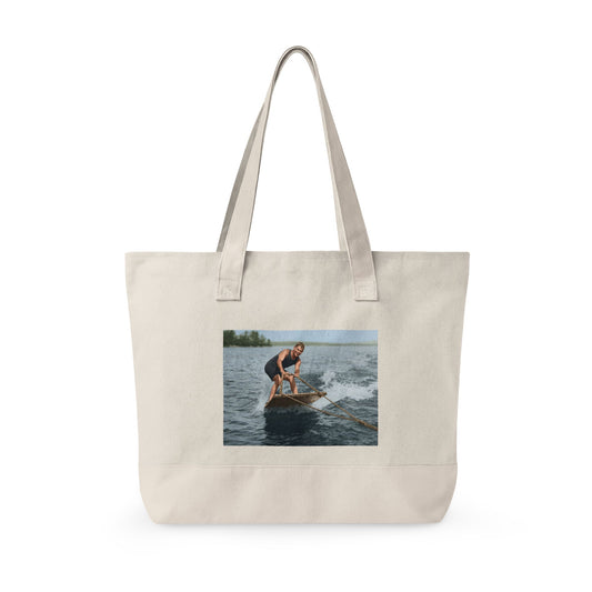 Man riding water wake with ropes vintage tote design 