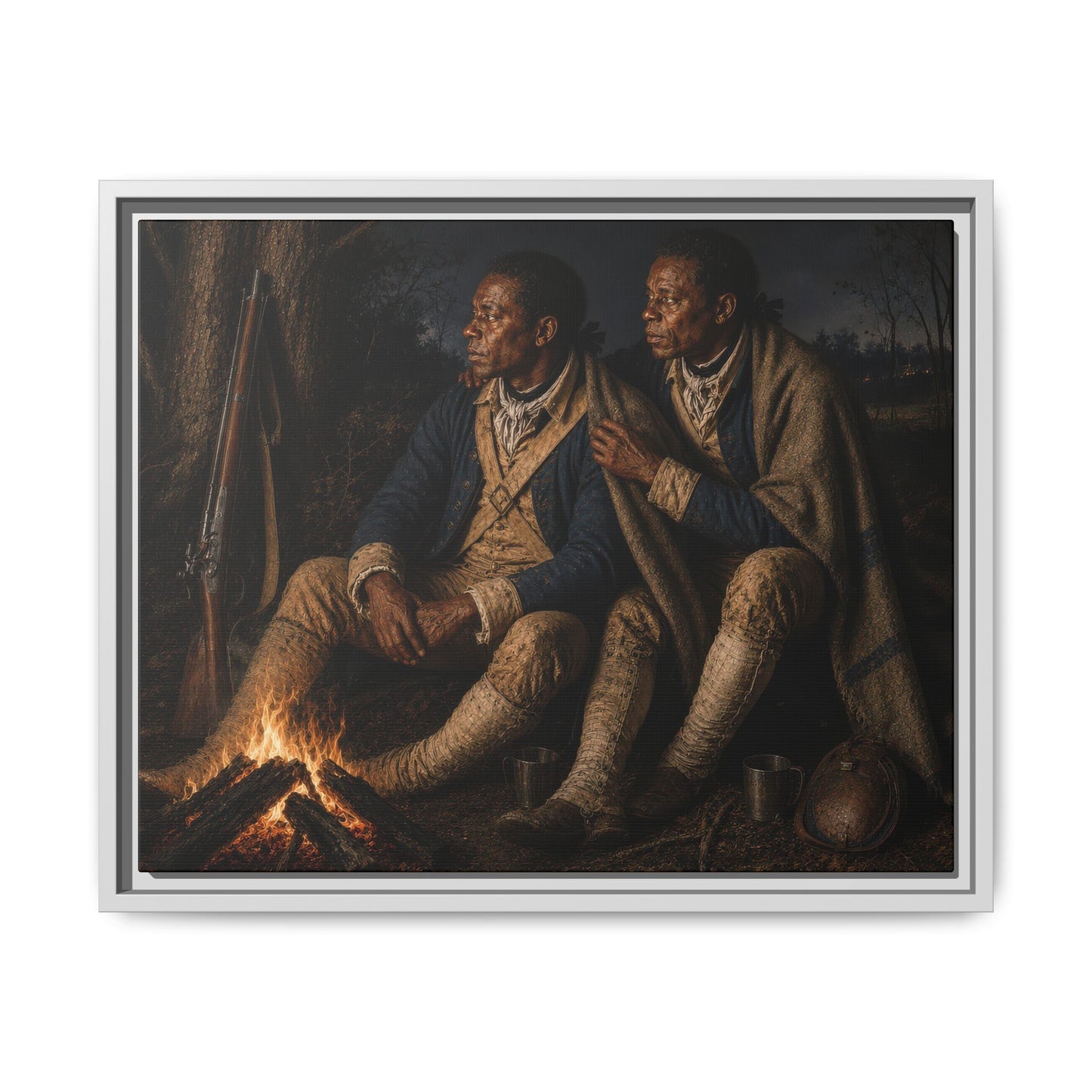 Museum-inspired historical portrait of Black Revolutionary War soldiers resting near a campfire under a blanket at night.