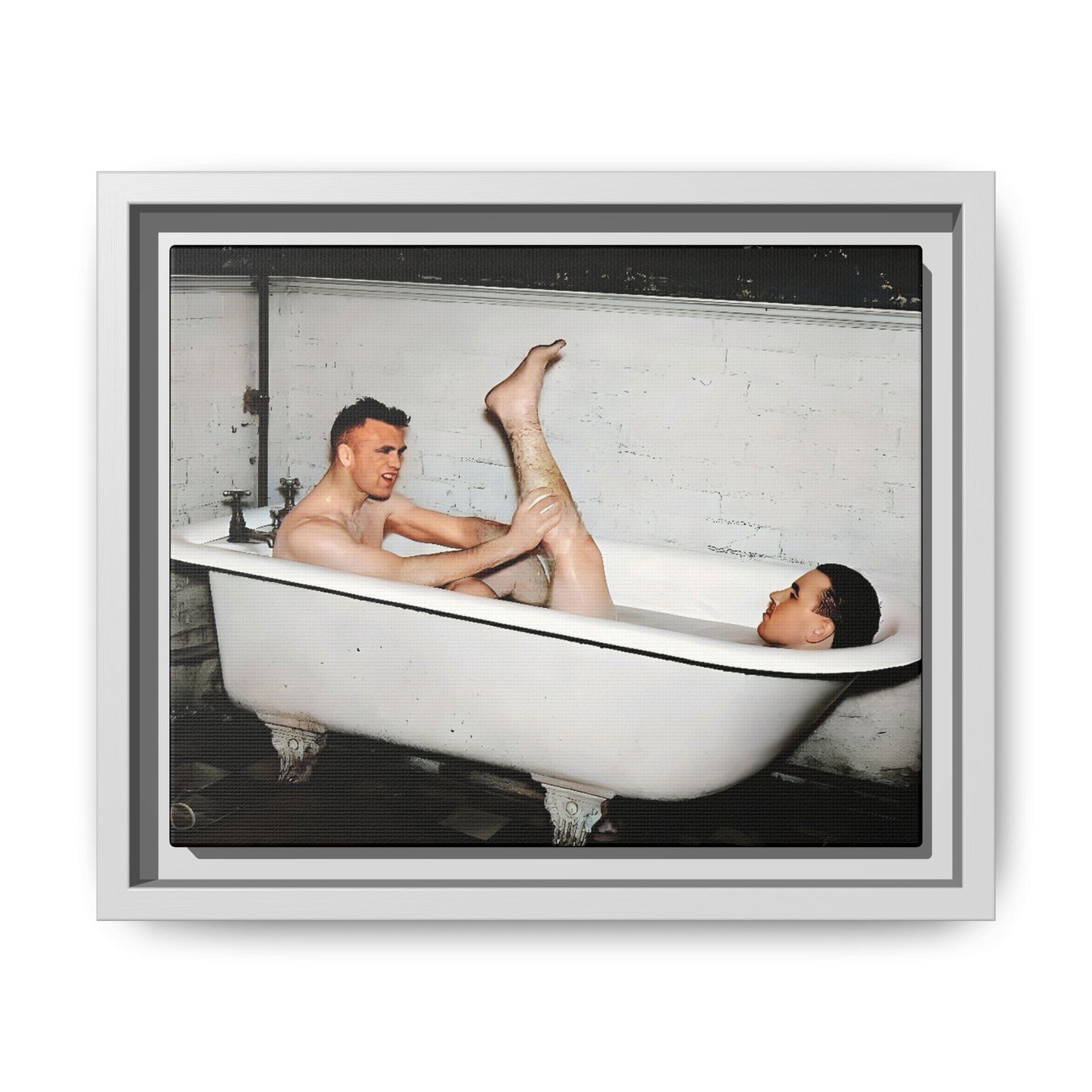 Restored vintage photo of Leon & Michael, a playful gay couple in a clawfoot bathtub, early 20th century, framed canvas.