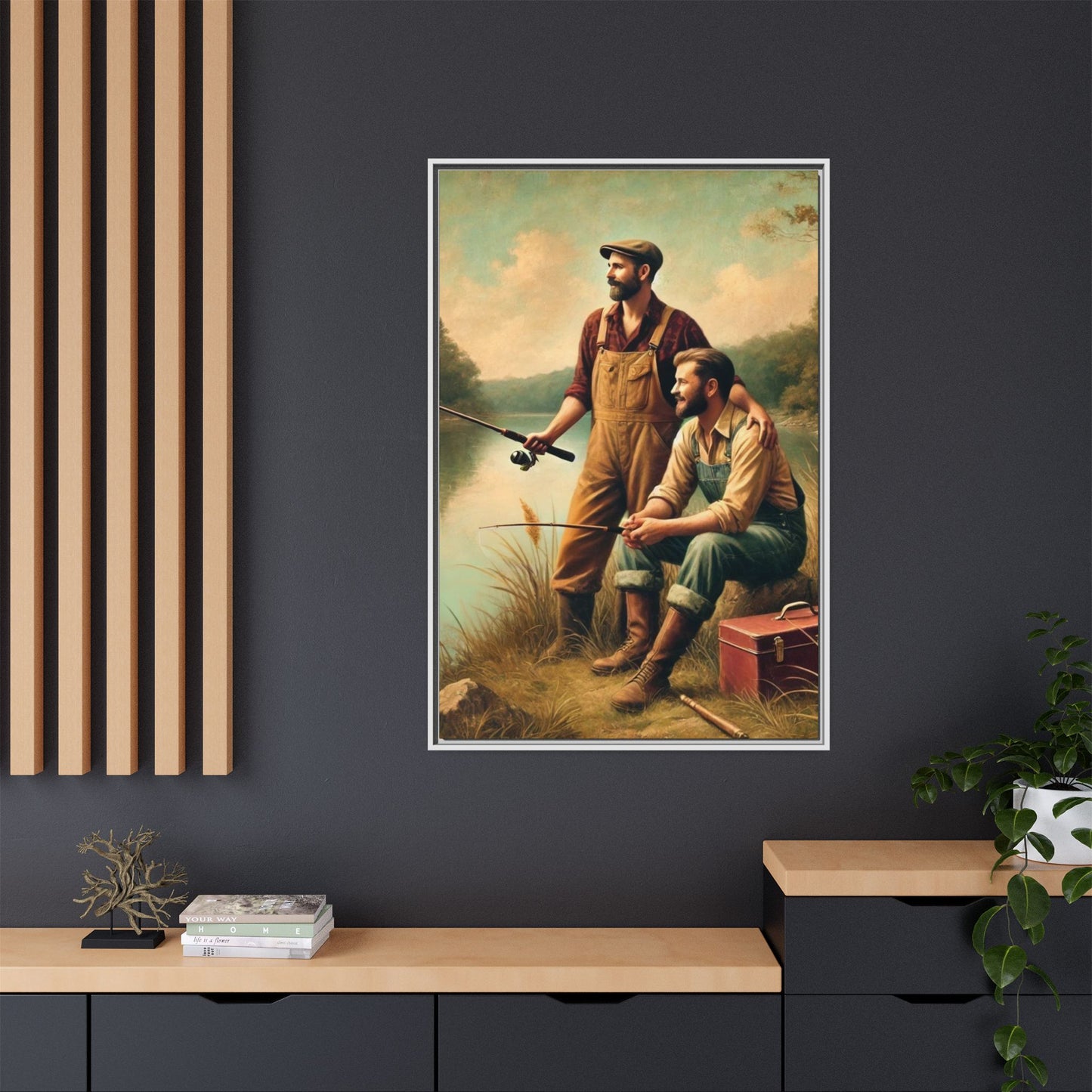 Vintage-style artwork of a gay couple fishing at a serene lakeside in the 1930s, celebrating love and rural life