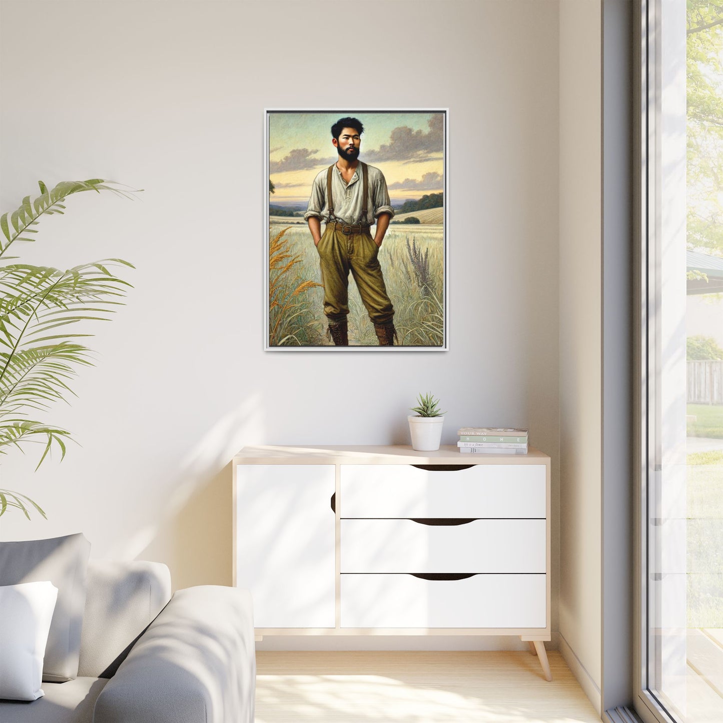 Framed artwork of an Asian-American farmer in 19th-century attire, inspired by Walt Whitman’s Leaves of Grass and Song of Myself, set against a serene rural backdrop of golden wheat fields and rolling hills.