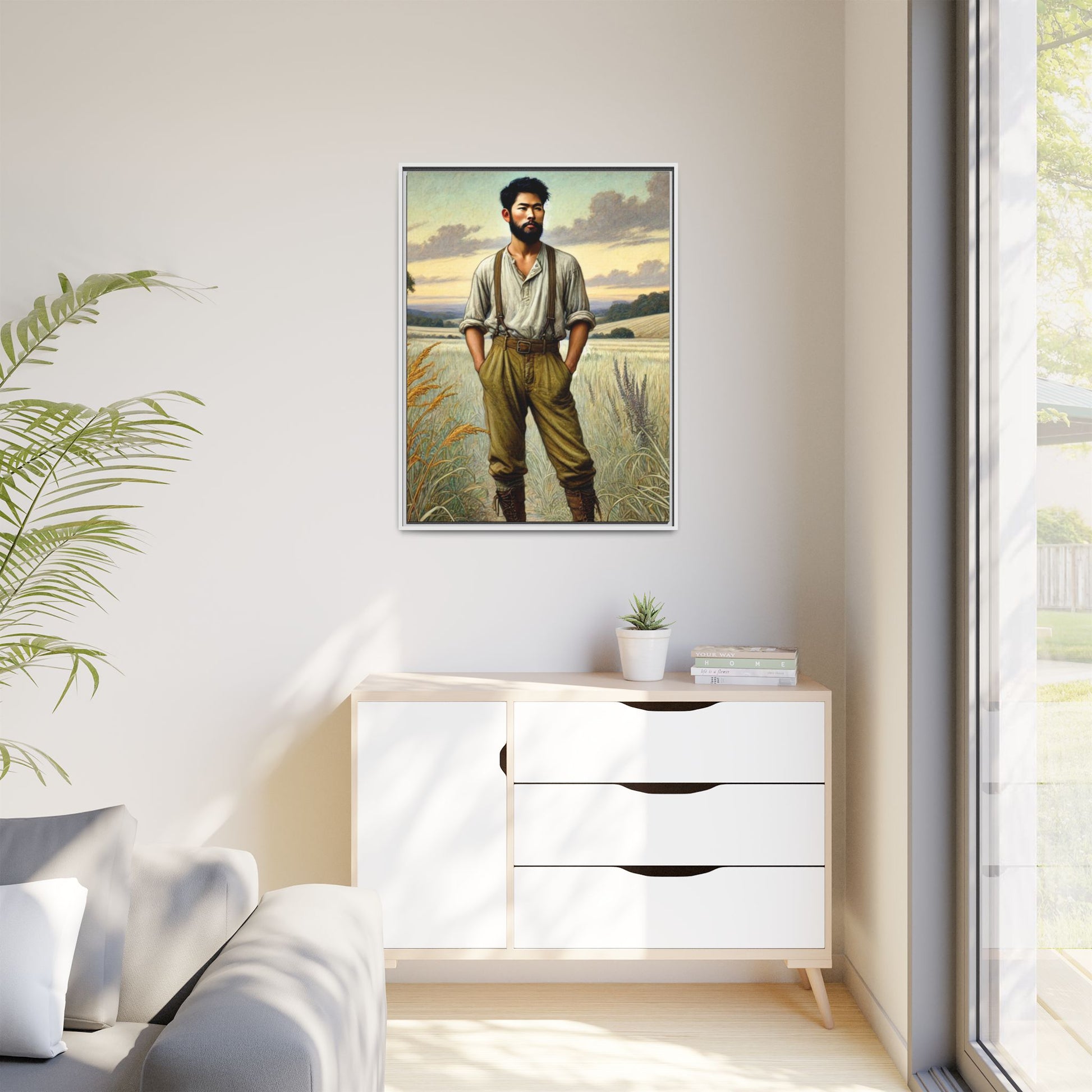 Framed artwork of an Asian-American farmer in 19th-century attire, inspired by Walt Whitman’s Leaves of Grass and Song of Myself, set against a serene rural backdrop of golden wheat fields and rolling hills.