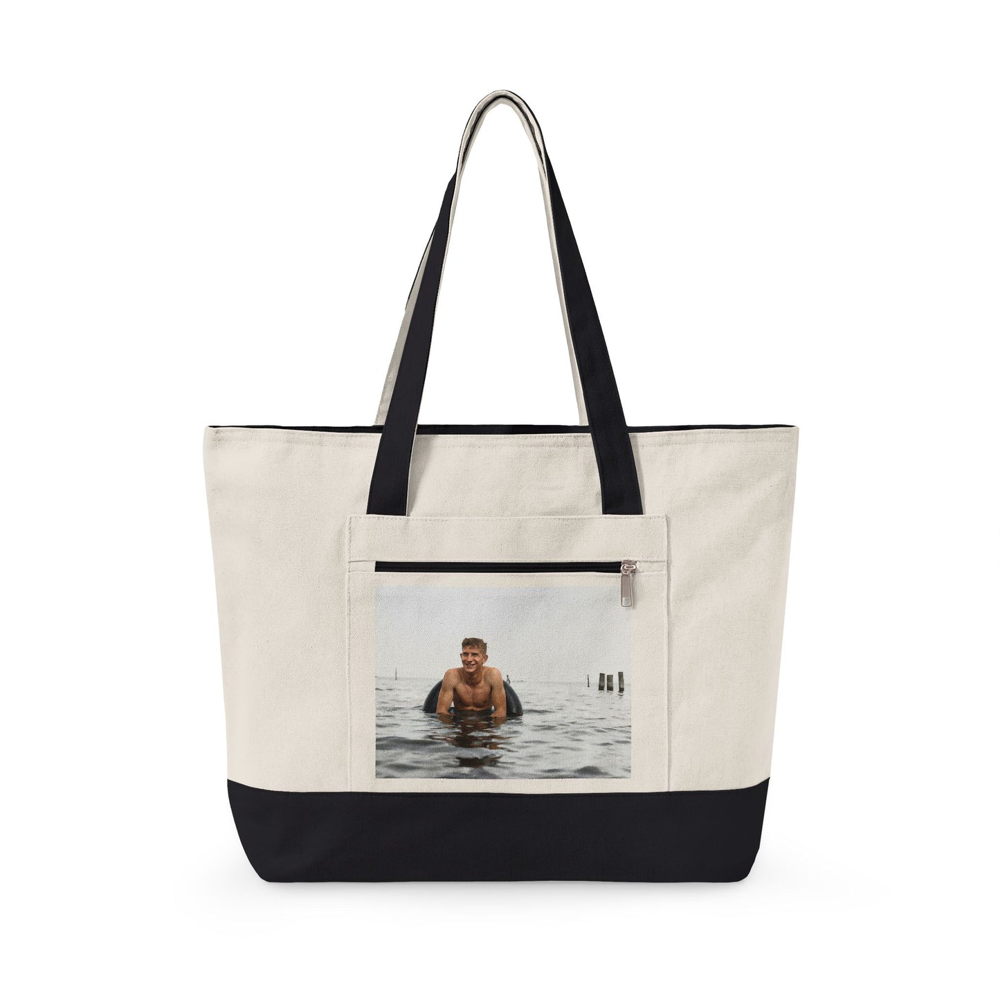 Young swimmer with inner tube vintage canvas tote 