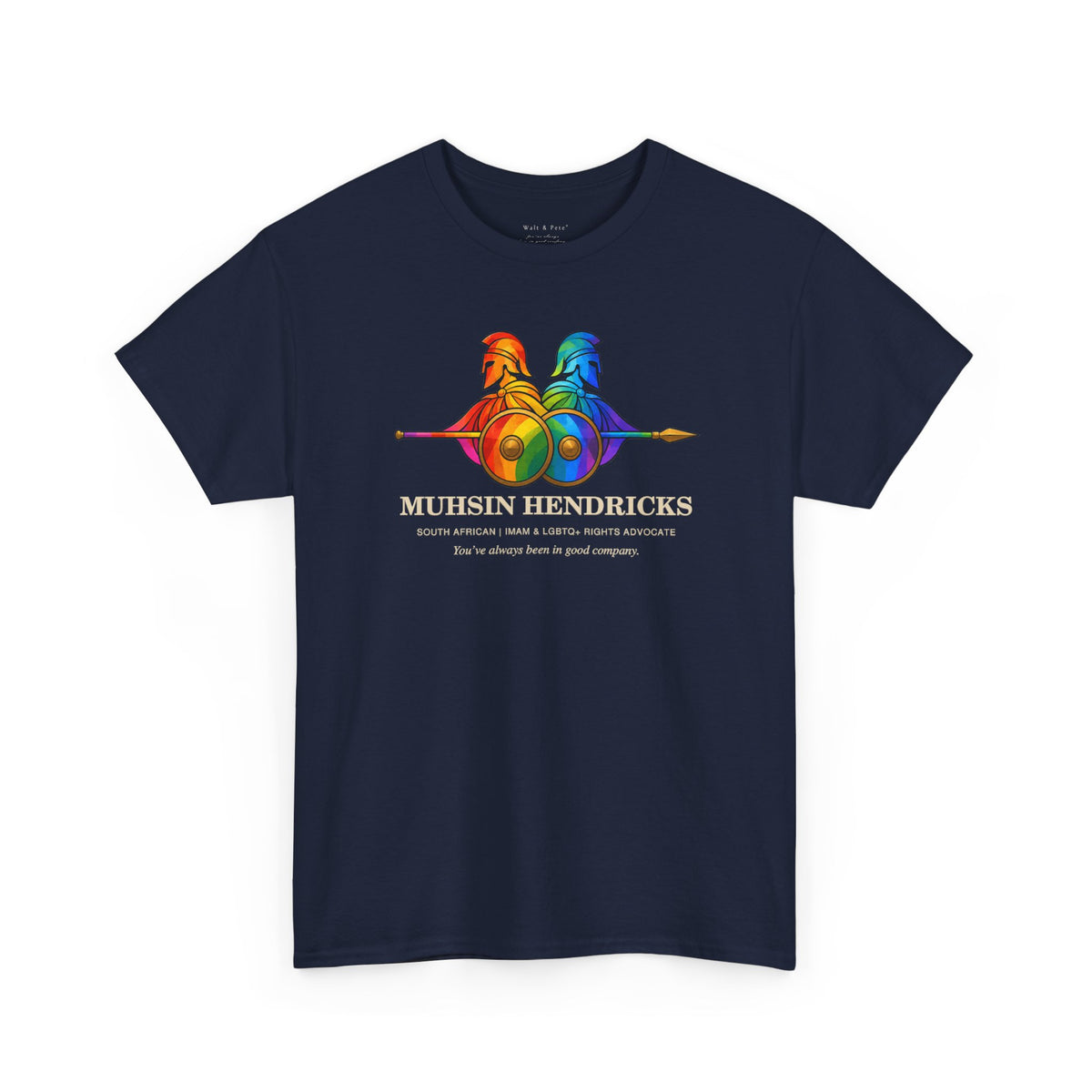 Muhsin Hendricks Pride T-shirt for dark colors with warm ivory typography and paired Pride-colored Theban warrior emblem