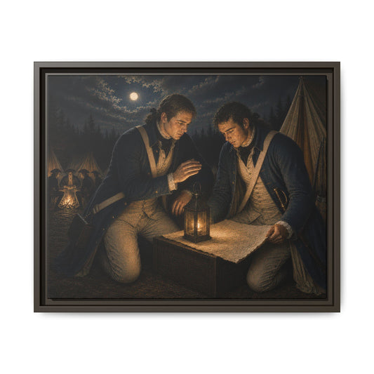 Museum-inspired painting of two Continental Army soldiers studying a map by lantern light in a nighttime Revolutionary War encampment.