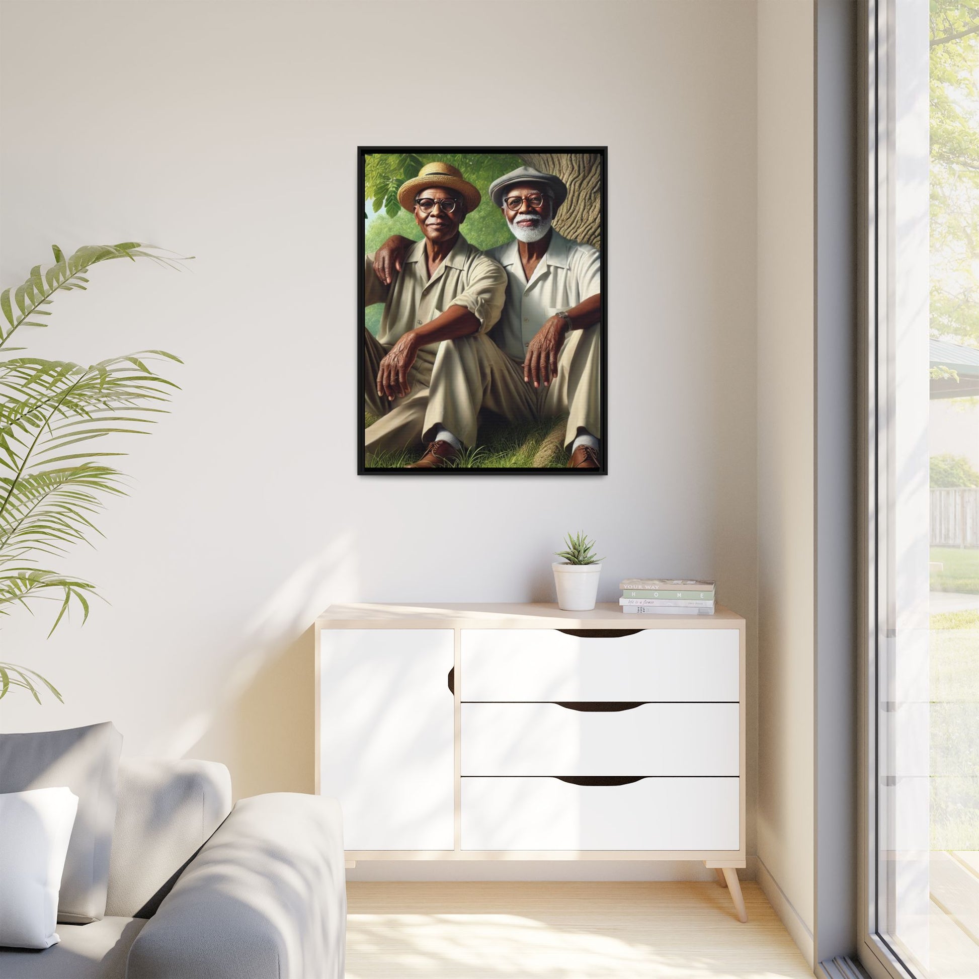 Framed artwork of a gay African-American couple in Cedar Rapids, Iowa, 1930s, celebrating love and resilience.