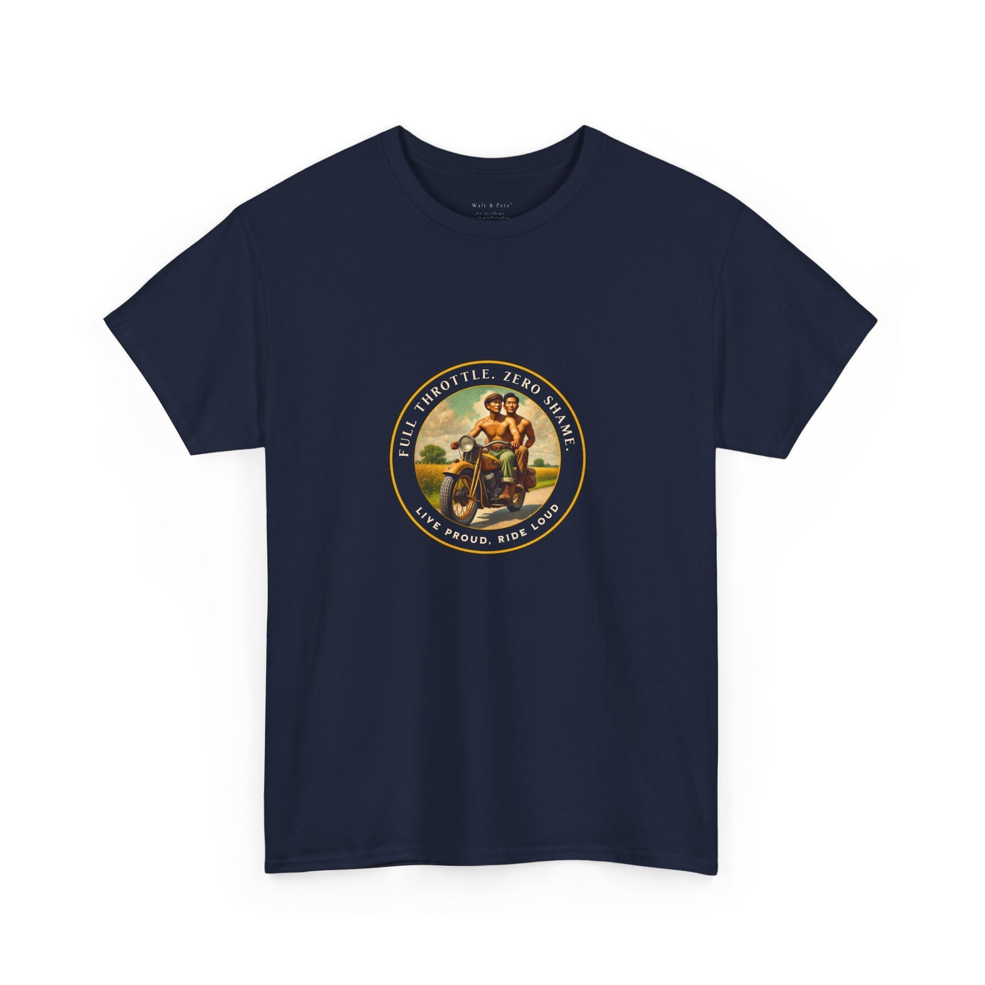  Vintage-inspired LGBTQ+ pride t-shirt featuring a 1930s-style image of two shirtless Asian men riding a motorcycle. With affirmations like “Full Throttle. Zero Shame” and “Live Proud. Ride Loud,” this tee honors queer freedom, Asian pride, and bold love.