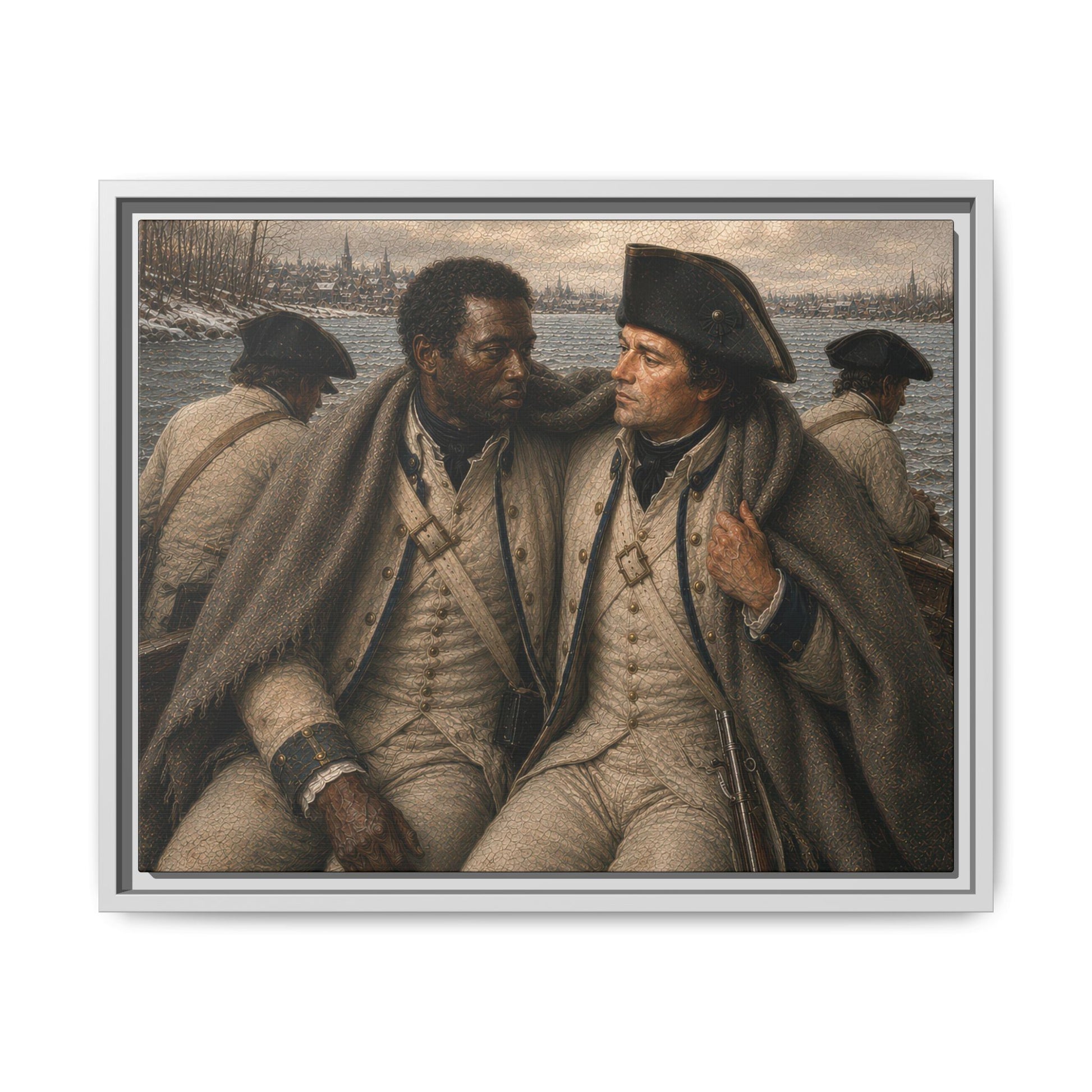 Historical oil-style portrait depicting two French allied soldiers aboard a river boat during the American Revolution with a colonial town in the background.
