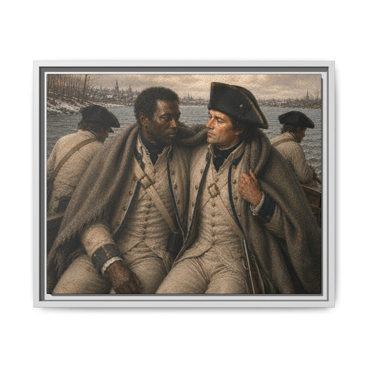 Historical oil-style portrait depicting two French allied soldiers aboard a river boat during the American Revolution with a colonial town in the background.