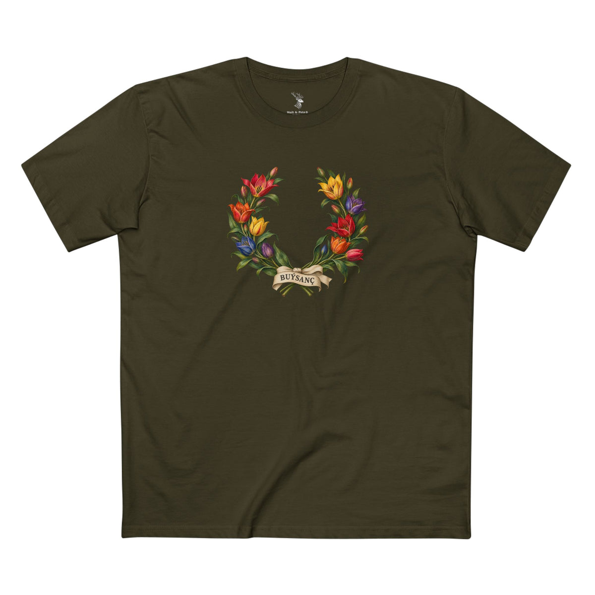 Turkmen Wild Tulip Buýsanç Pride Laurel Wreath T-Shirt — Unfolding Strength