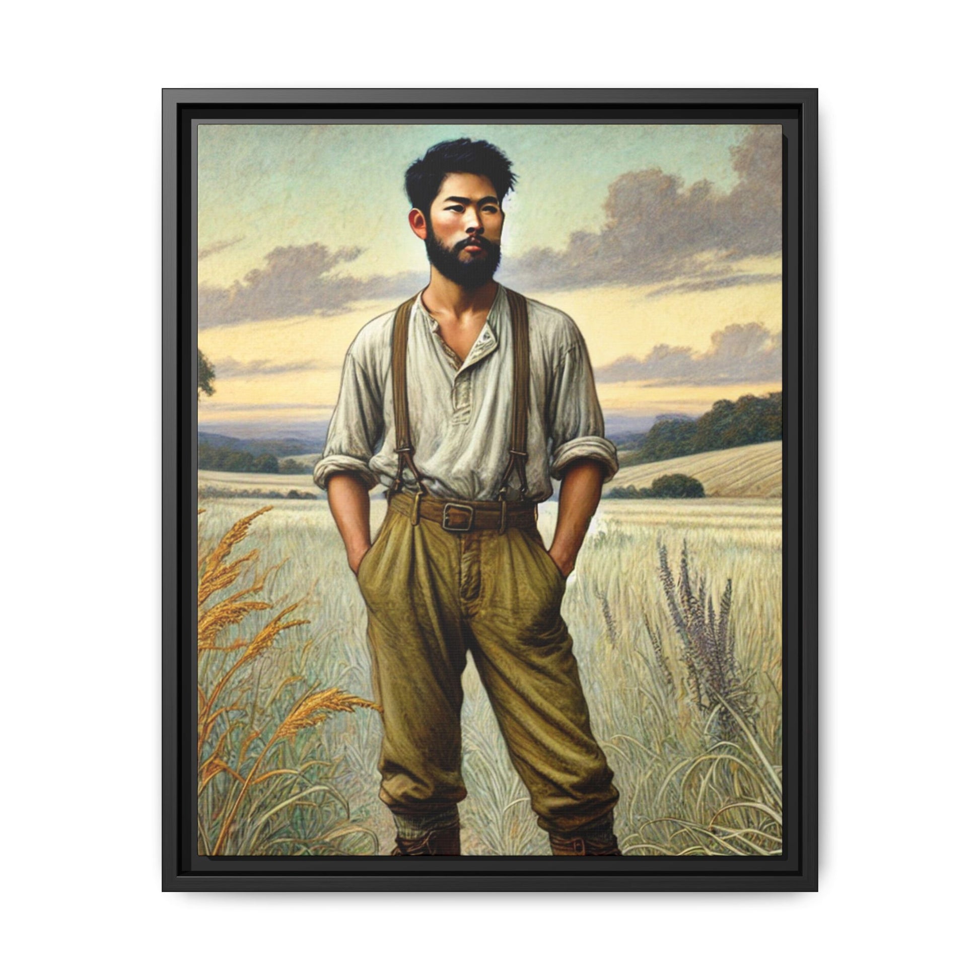 Framed artwork of an Asian-American farmer in 19th-century attire, inspired by Walt Whitman’s Leaves of Grass and Song of Myself, set against a serene rural backdrop of golden wheat fields and rolling hills.