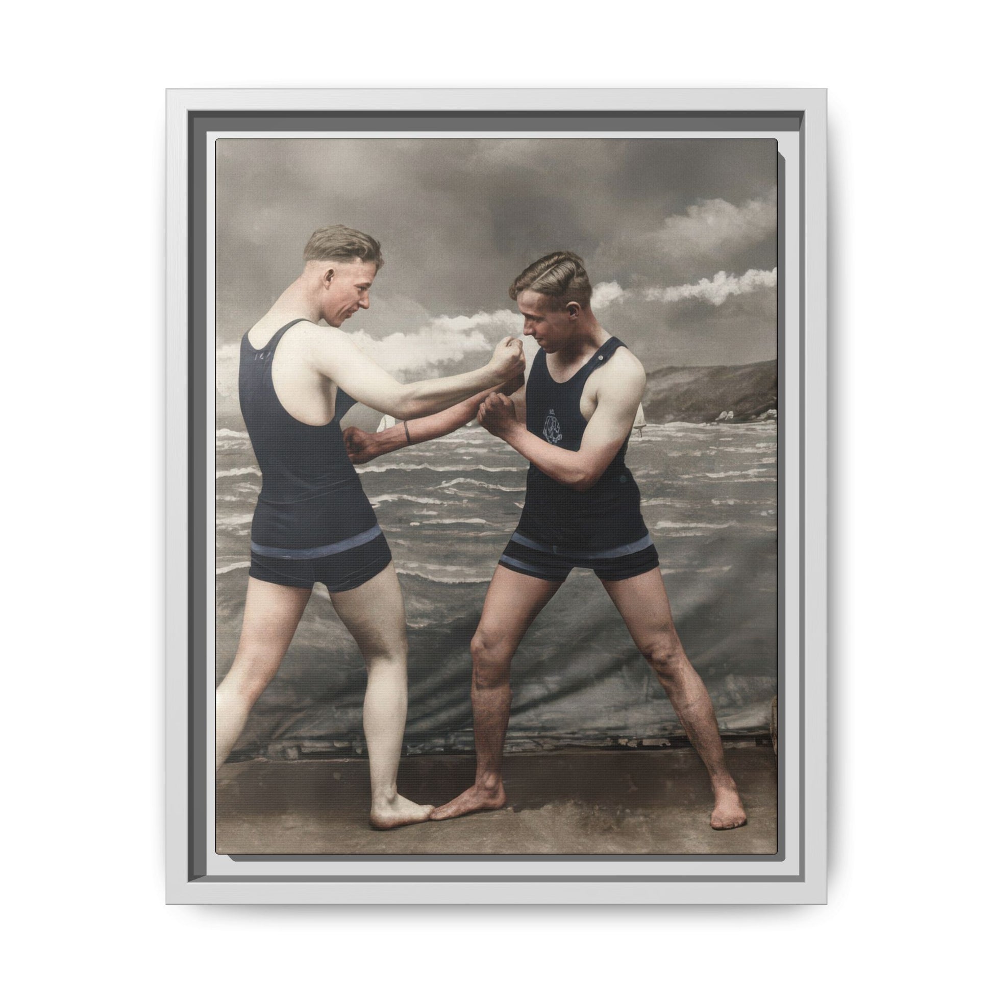 Historical bathing portrait reproduced as archival canvas wall art with theatrical ocean backdrop 