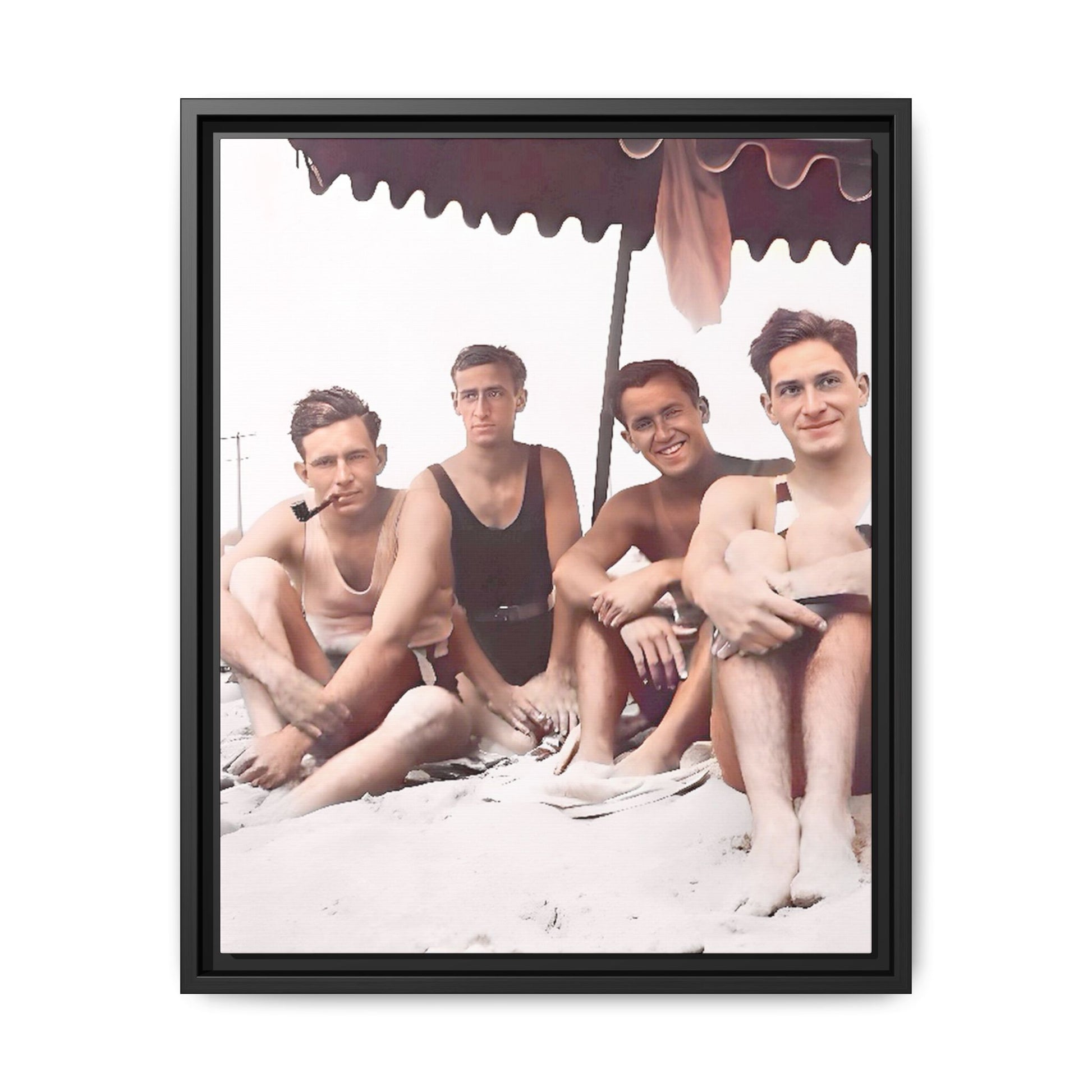 Restored vintage 1920s photograph of men enjoying a sunny beach day in Asbury Park, New Jersey, under a striped canopy. Framed matte canvas print celebrating LGBTQ+ history, joy, and camaraderie. Gay Friends