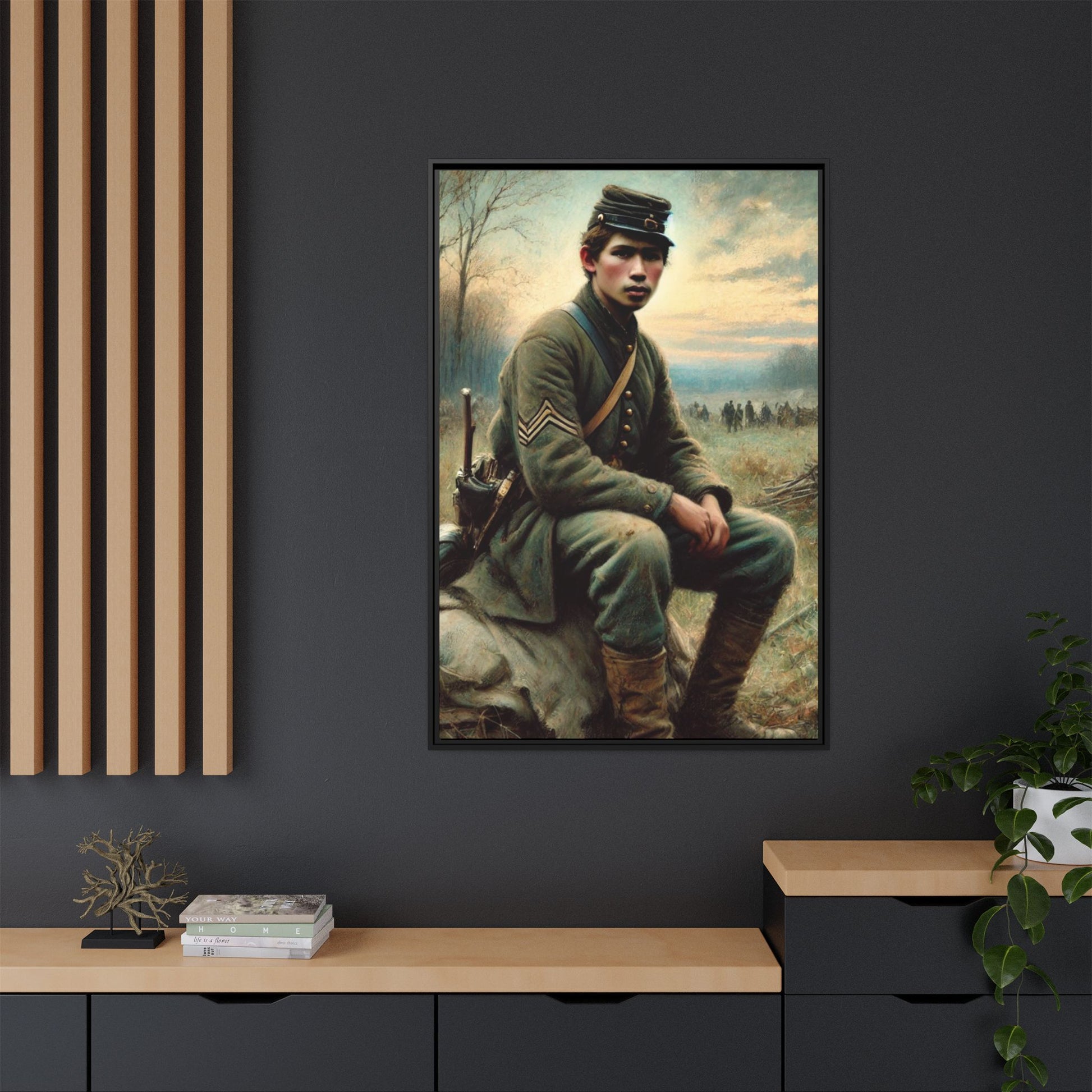 Framed artwork of a Civil War Union soldier inspired by Walt Whitman’s Leaves of Grass and Drum-Taps, depicting themes of sacrifice, strength, and vulnerability amidst a 19th-century battlefield.