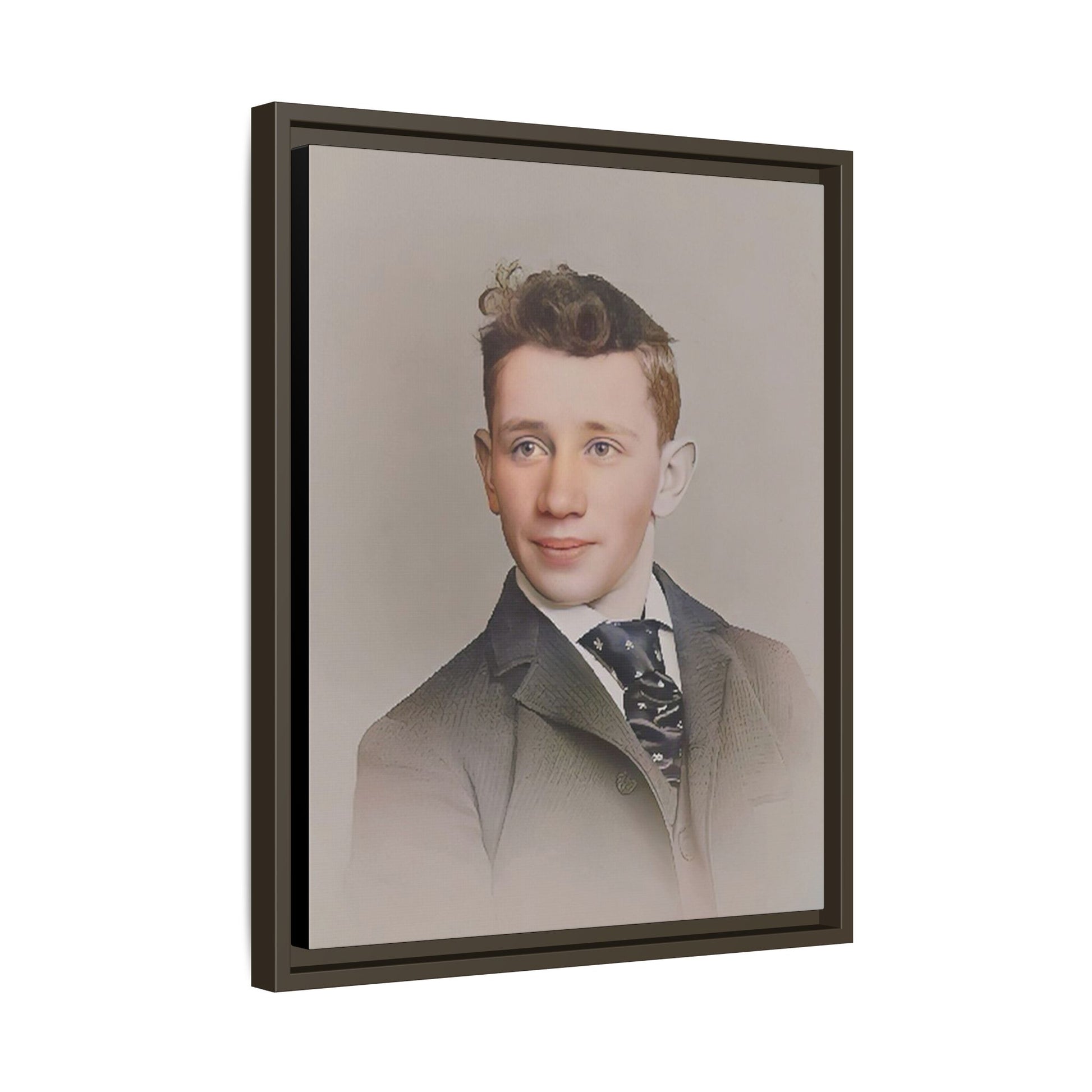 Restored vintage portrait of Leo from early 1900s Milwaukee, Wisconsin, featuring refined elegance and a patterned cravat. Framed matte canvas print celebrating timeless style and individuality.