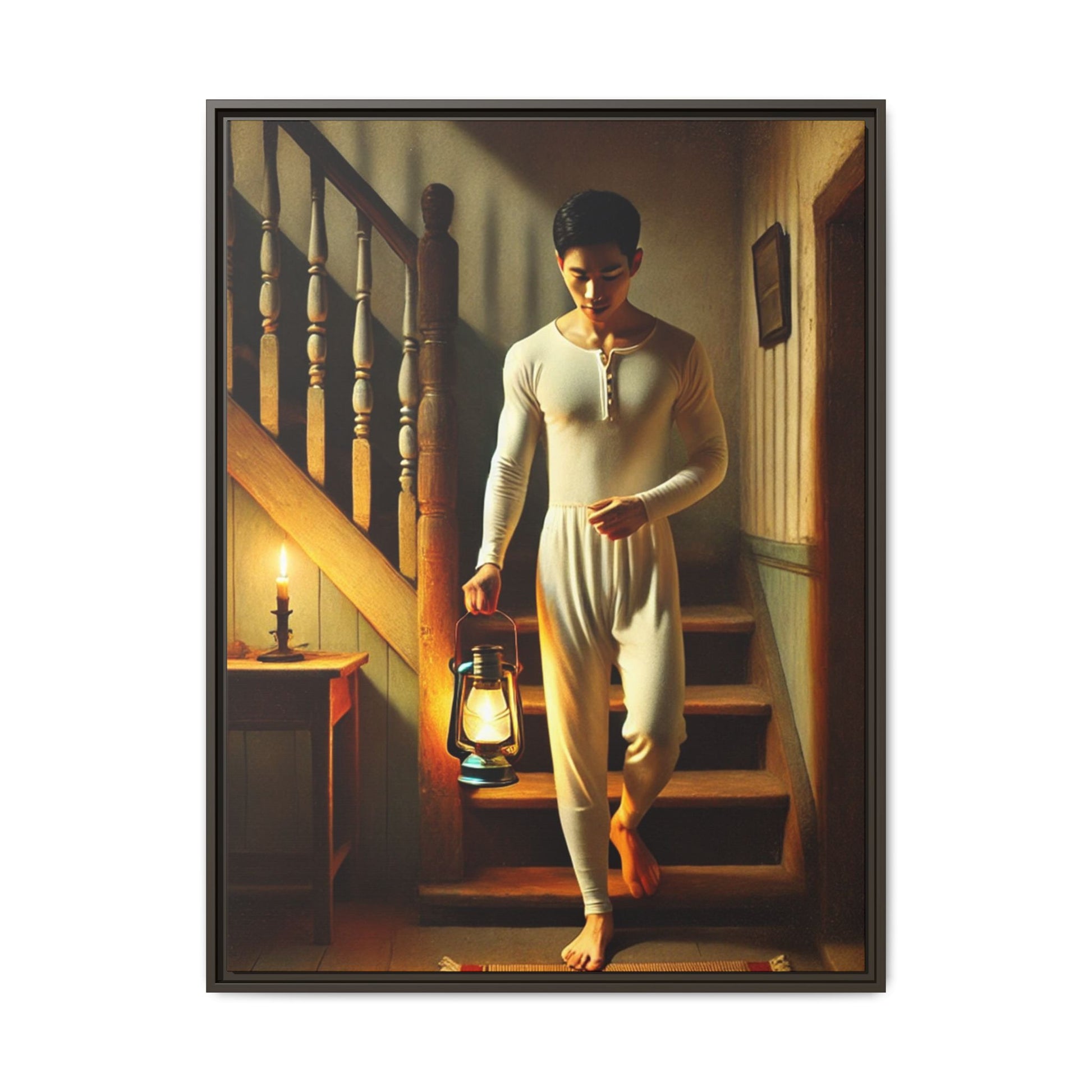 Framed artwork of an Asian-American man wearing long johns underwear holding a lantern on a staircase, inspired by Grant Wood’s style.