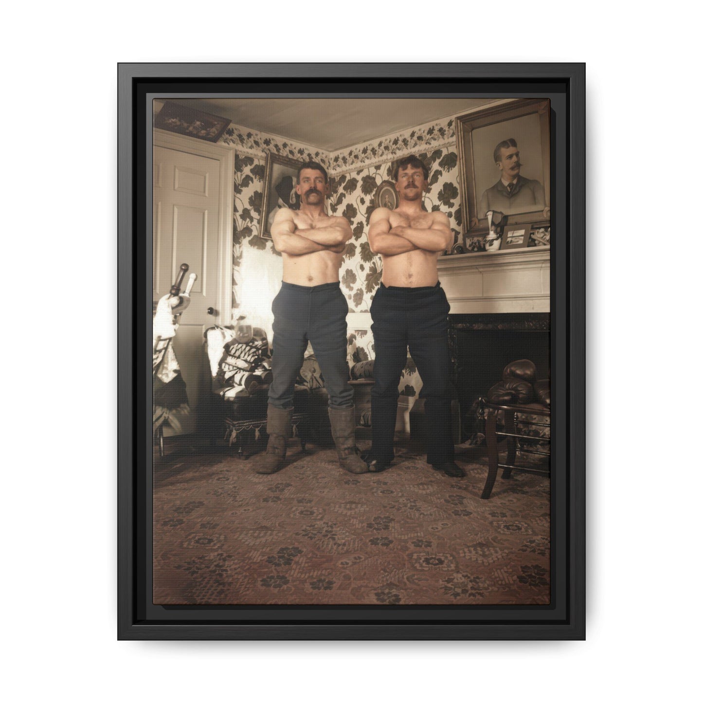 Restored vintage photograph of two men posed in a domestic interior with boxing gloves and fireplace 