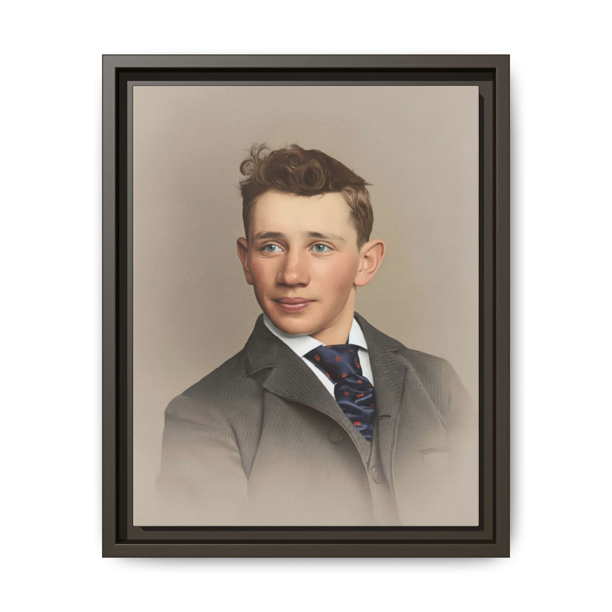 Young man looking slightly away from the camera, with swept-up wavy hair and a blue necktie featuring small reddish motifs.