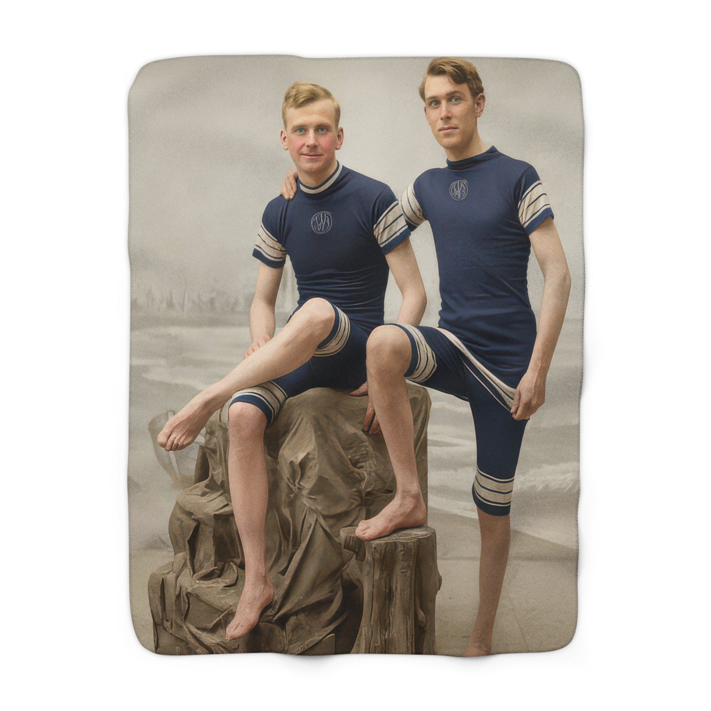 Heirloom sherpa blanket featuring two men in matching vintage bathing costumes with a studio beach backdrop 