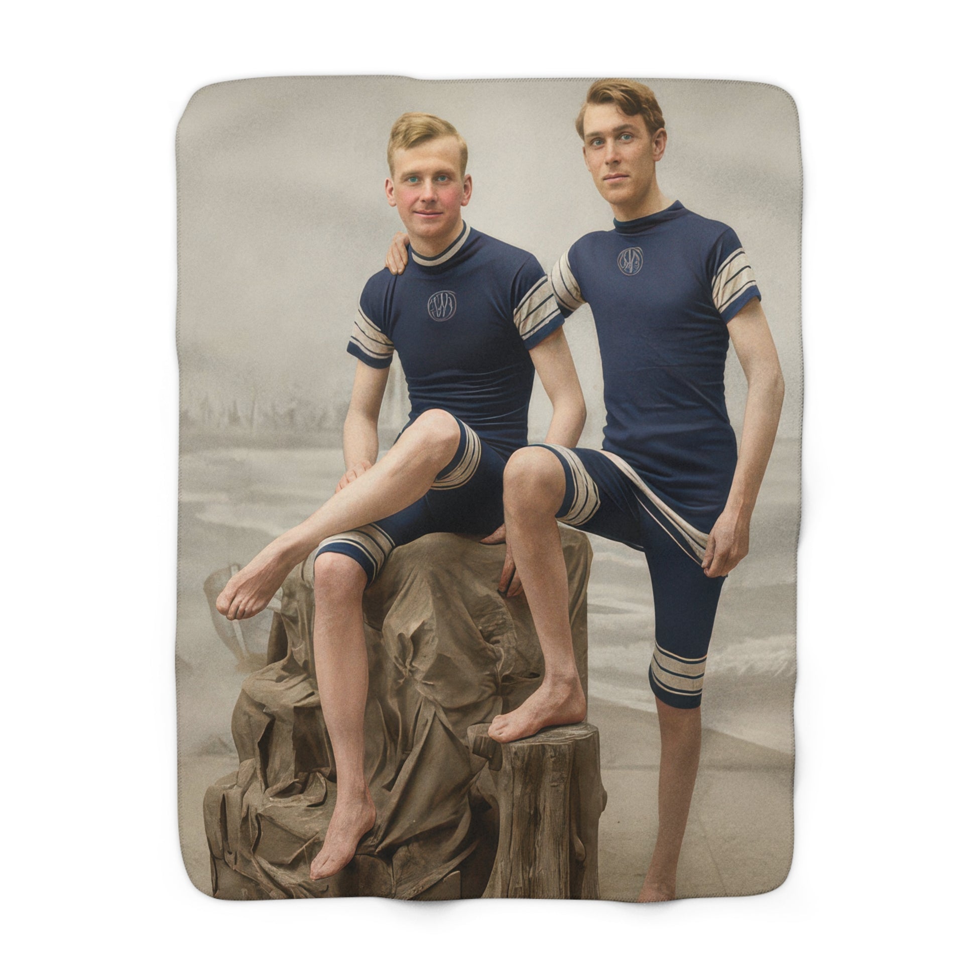 Heirloom sherpa blanket featuring two men in matching vintage bathing costumes with a studio beach backdrop 
