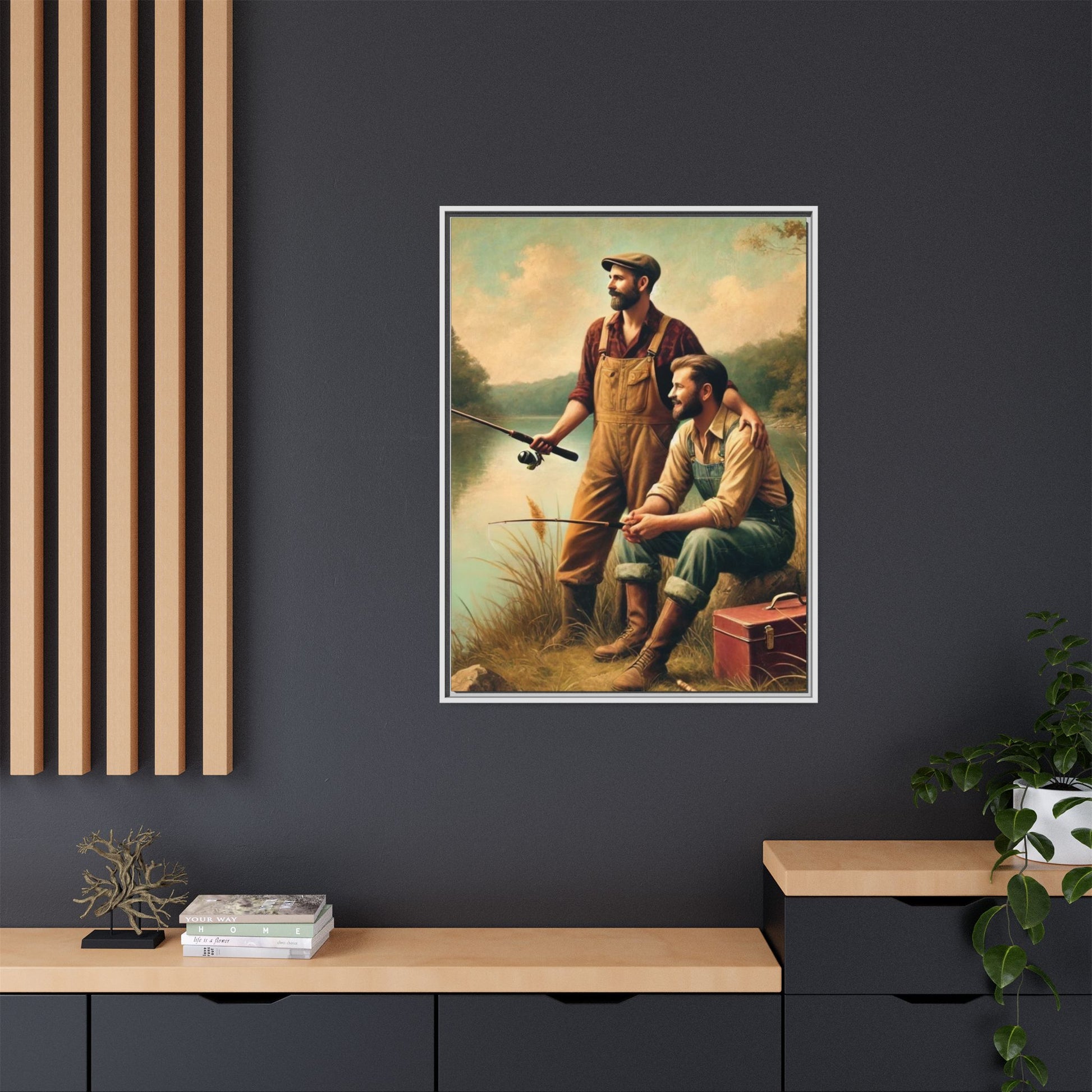 Vintage-style artwork of a gay couple fishing at a serene lakeside in the 1930s, celebrating love and rural life