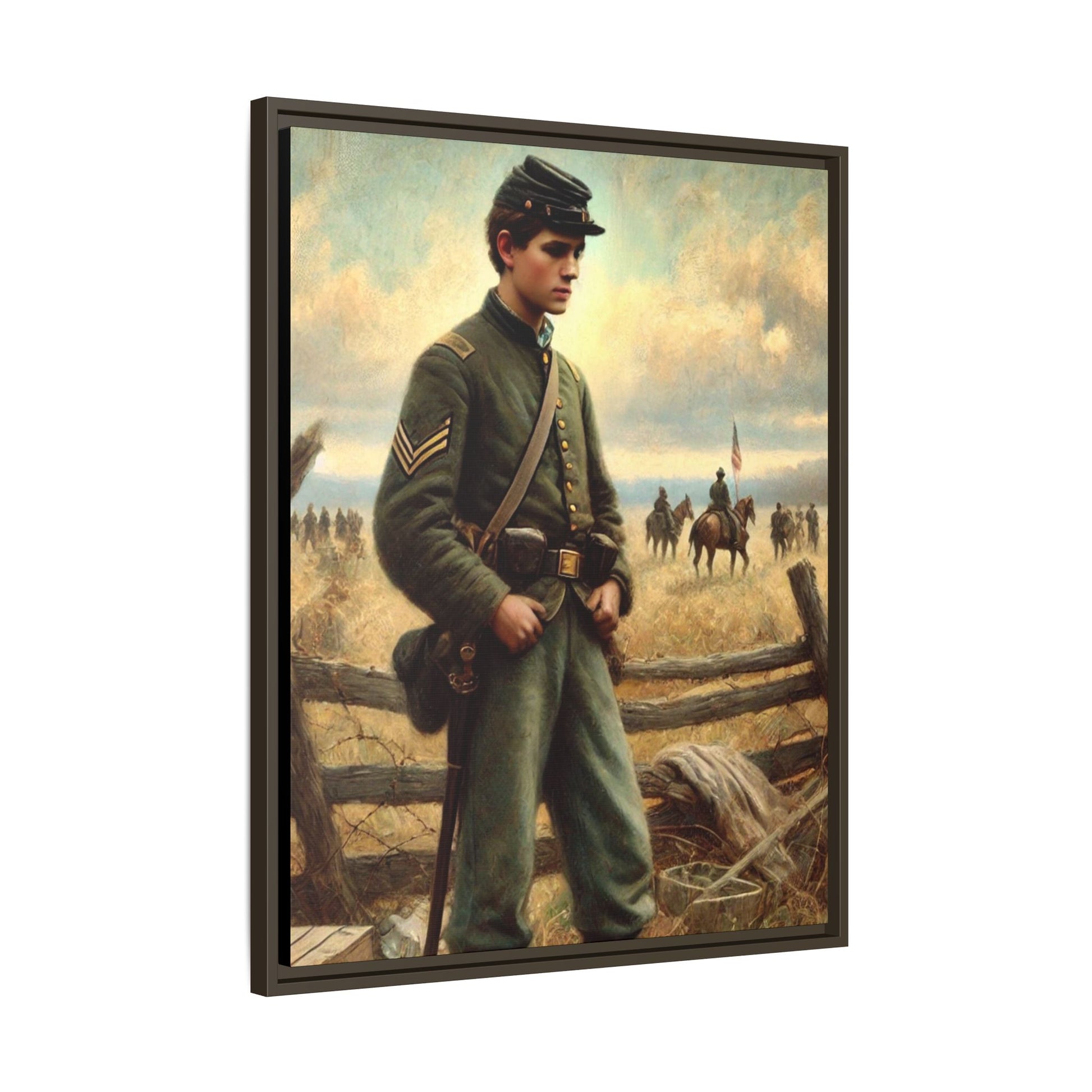 Framed artwork of a young Civil War Union soldier inspired by Walt Whitman’s Drum-Taps poems and Grant Wood's style, depicting battlefield sacrifice, humanity, and historical charm.