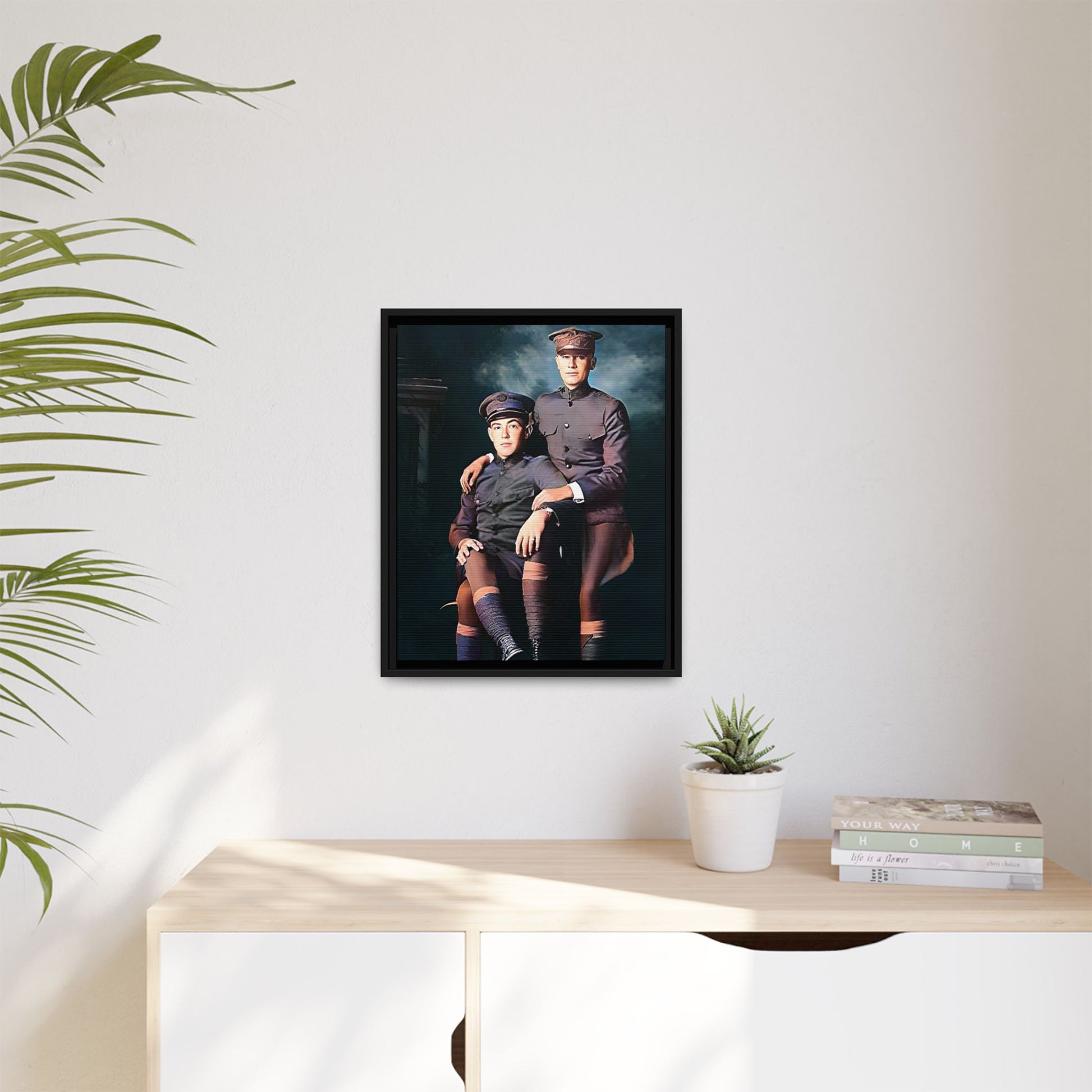 Restored WWI-era photo of Frederick & Hugh, gay soldiers seated together in Providence, Rhode Island, framed canvas art.