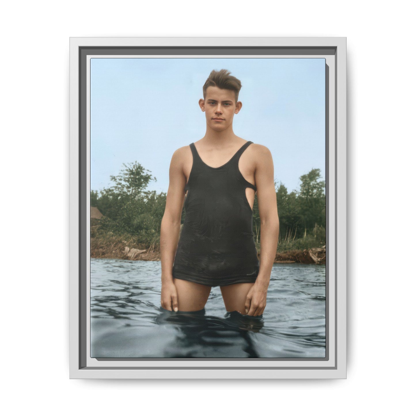 Vintage bathing portrait reproduced as framed canvas wall art 