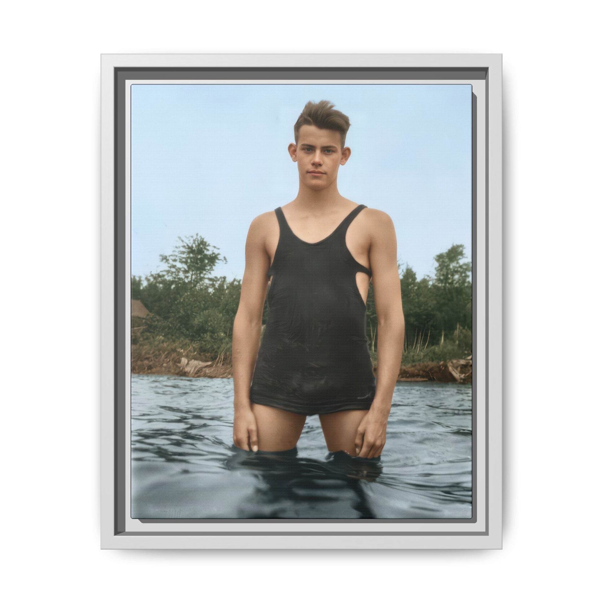 Vintage bathing portrait reproduced as framed canvas wall art 