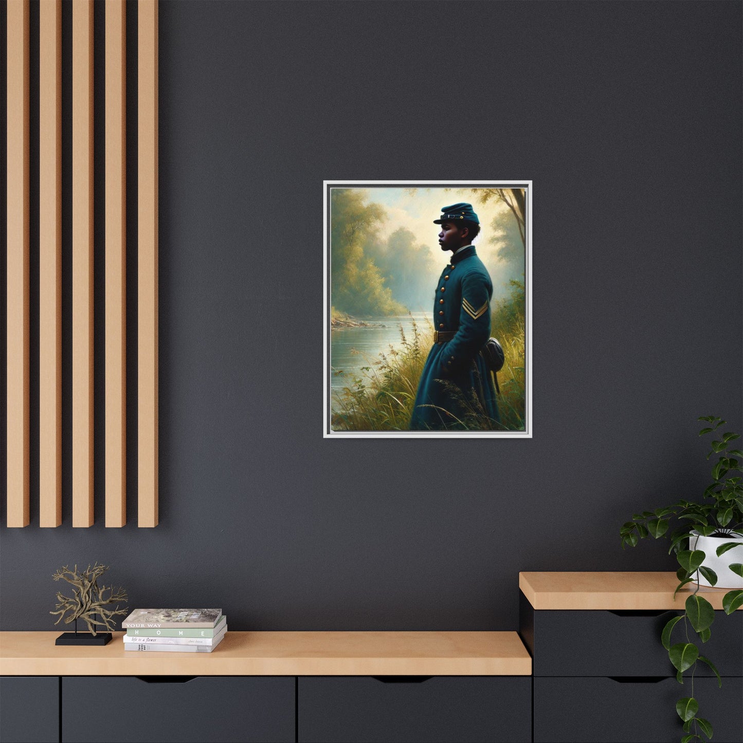 Portrait of an African American Union soldier standing solemnly by a riverside, inspired by Walt Whitman’s Leaves of Grass and Drum-Taps, honoring sacrifice, resilience, and history. Grant Wood Inspired