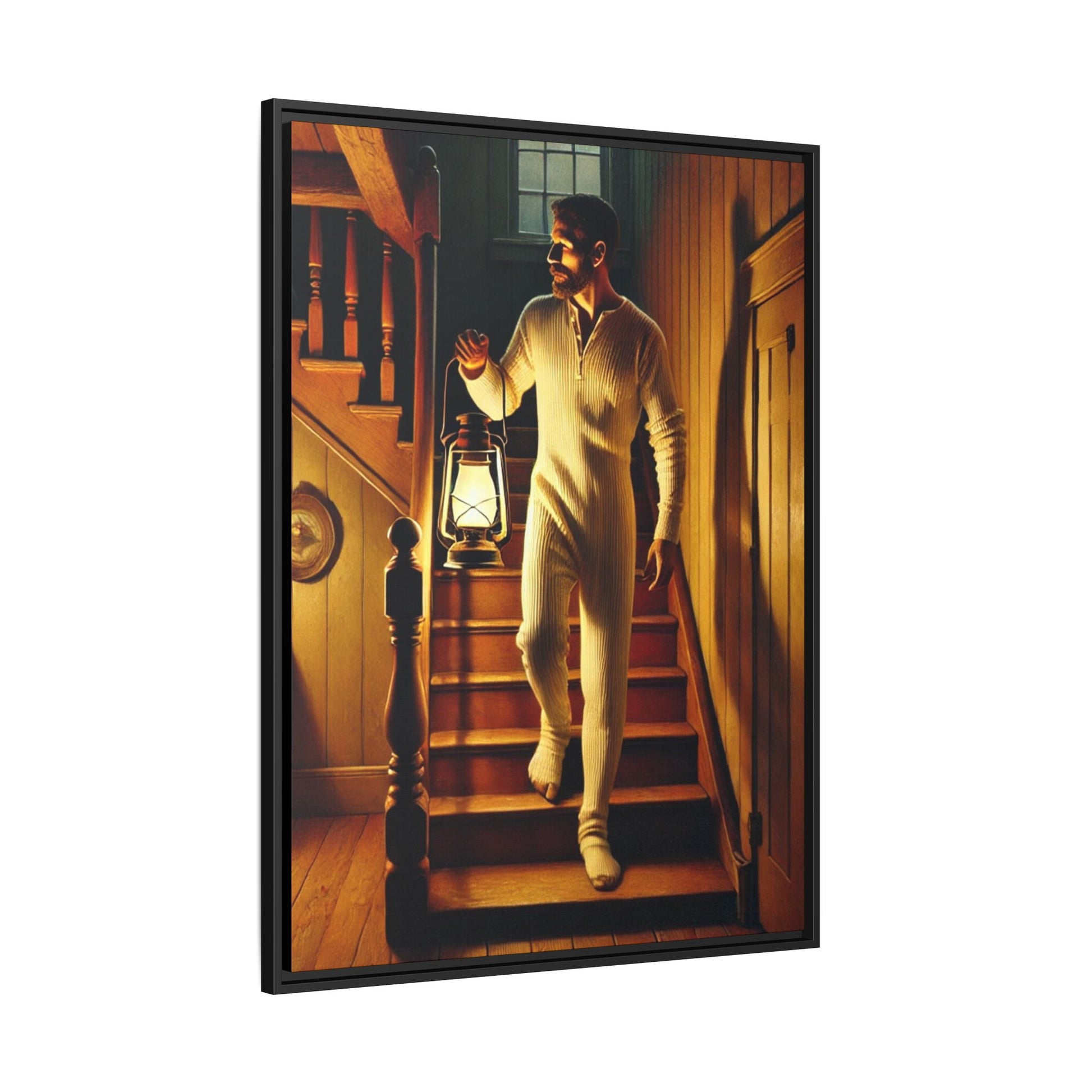 Atmospheric artwork of a man descending wooden stairs with a lantern, inspired by Grant Wood’s rural themes.