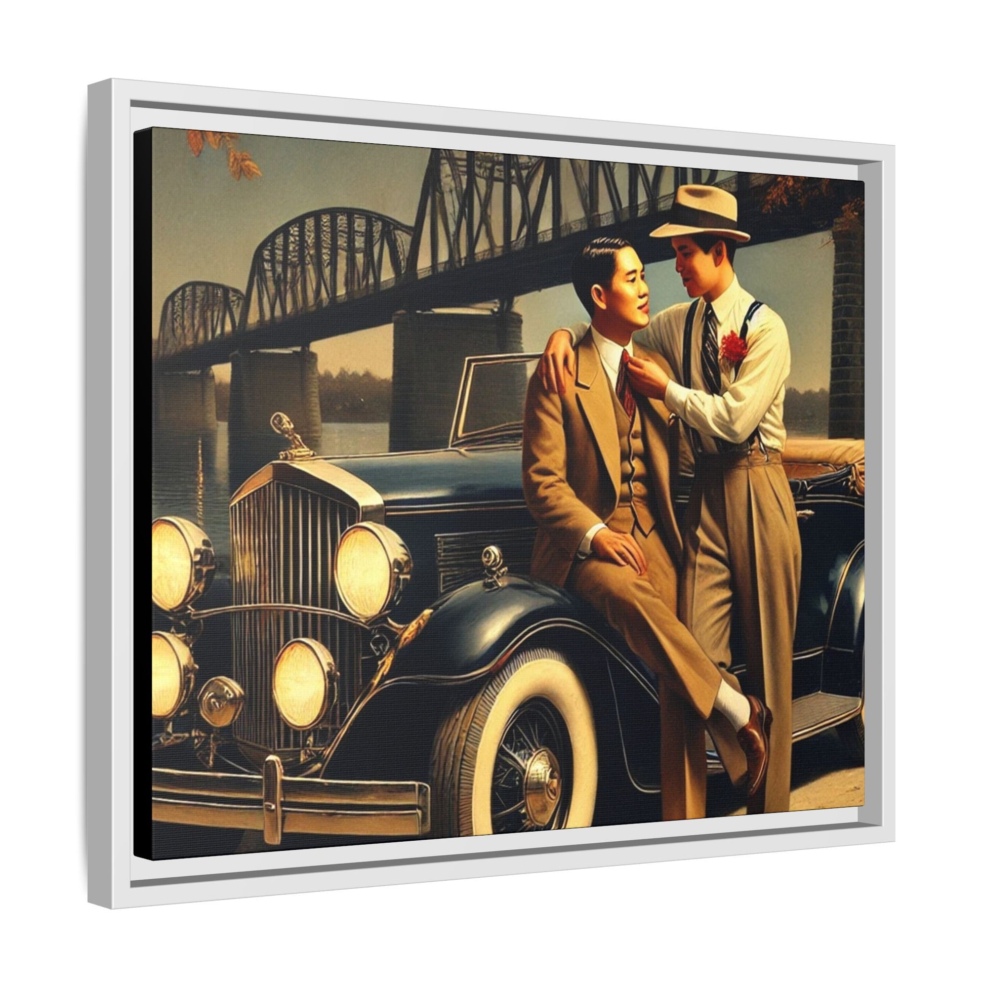 Exquisite vintage-style artwork of a gay Asian-American couple from the 1930s with a 1930 Packard car, celebrating love and inclusivity along the Mississippi River.