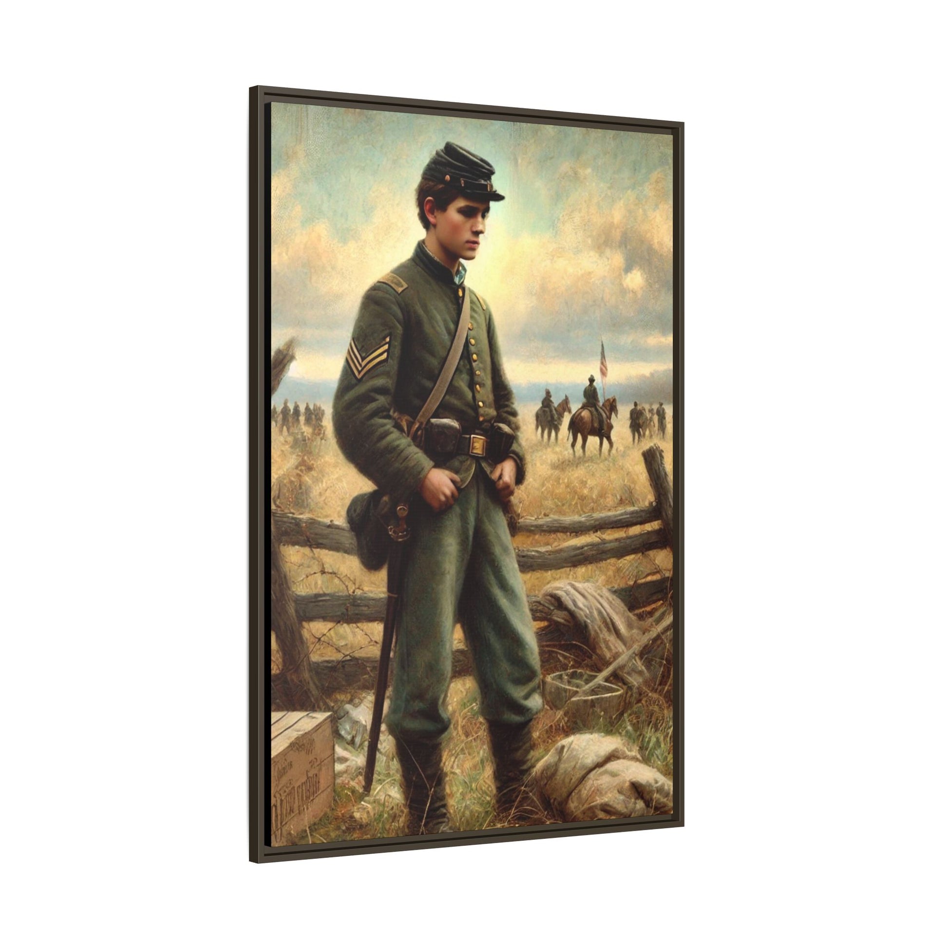 Framed artwork of a young Civil War Union soldier inspired by Walt Whitman’s Drum-Taps poems and Grant Wood's style, depicting battlefield sacrifice, humanity, and historical charm.