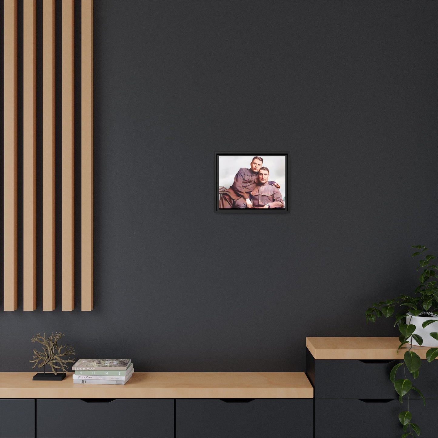 A restored WWII-era portrait of Charlie & Gordon at Debach Airfield, UK. This framed matte canvas captures military camaraderie, resilience, and historical connection, making it a timeless tribute for vintage and aviation collectors. Gay Couple