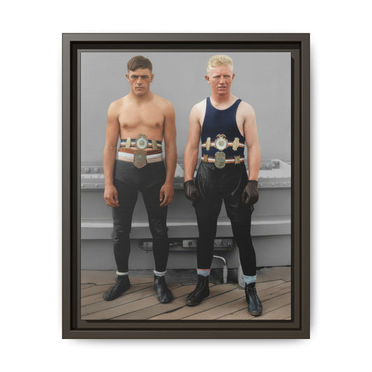 Framed matte canvas wall art showing an early 20th-century athletic portrait with championship belts 