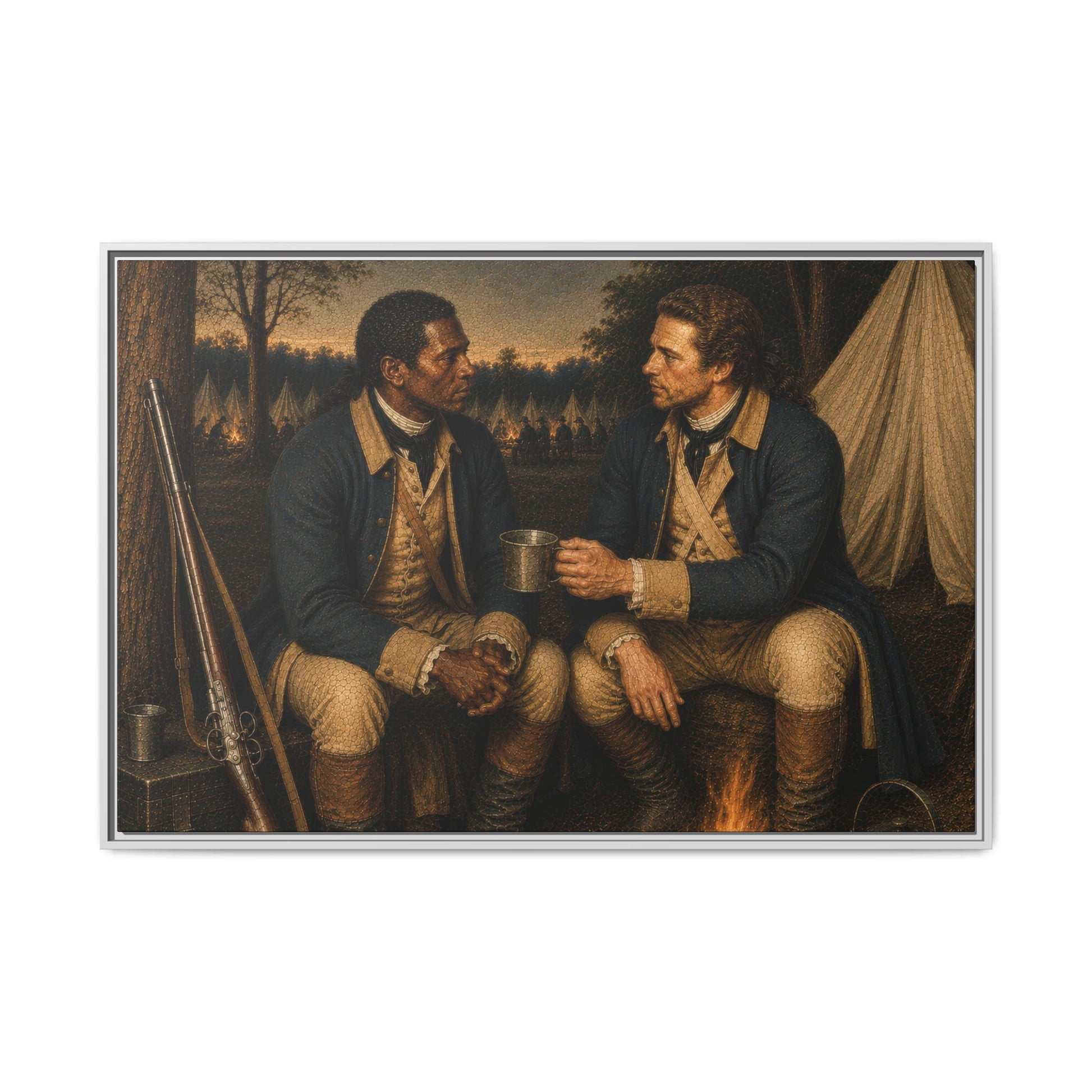 Revolutionary War canvas artwork depicting soldiers in a Continental Army encampment surrounded by tents and military equipment.