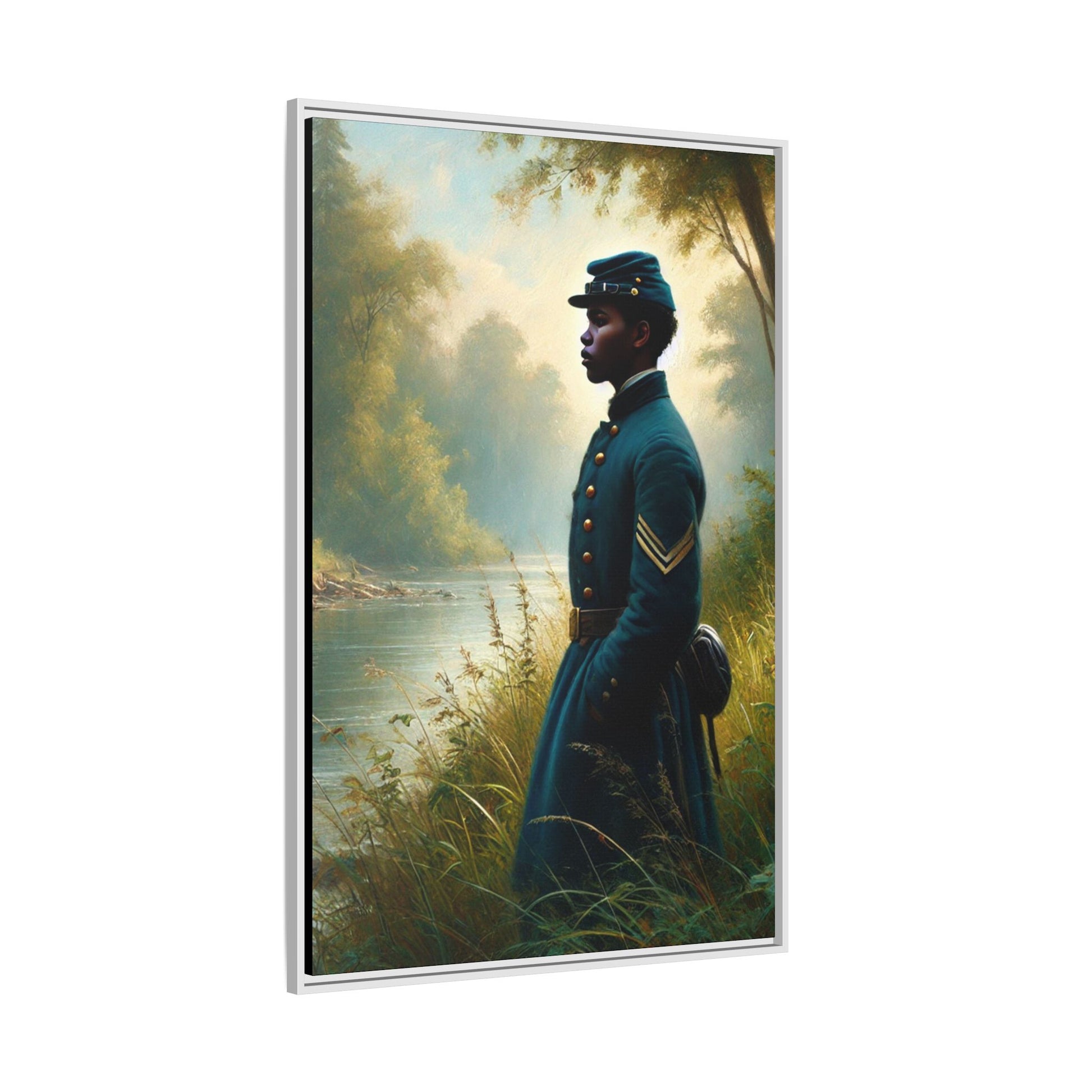 Portrait of an African American Union soldier standing solemnly by a riverside, inspired by Walt Whitman’s Leaves of Grass and Drum-Taps, honoring sacrifice, resilience, and history. Grant Wood Inspired