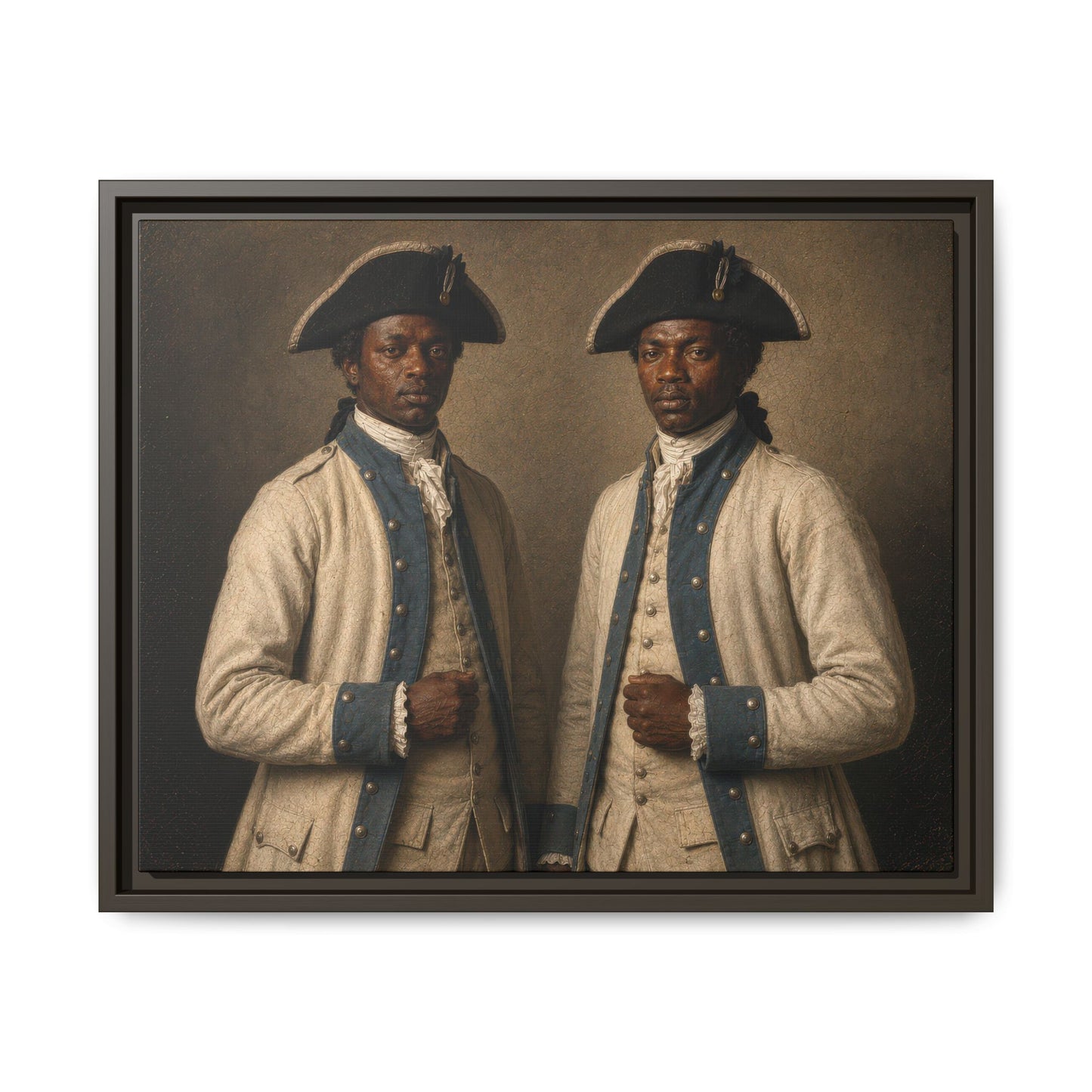 Museum-inspired portrait of two Black French Expédition Particulière soldiers in white uniforms during the American Revolutionary War.