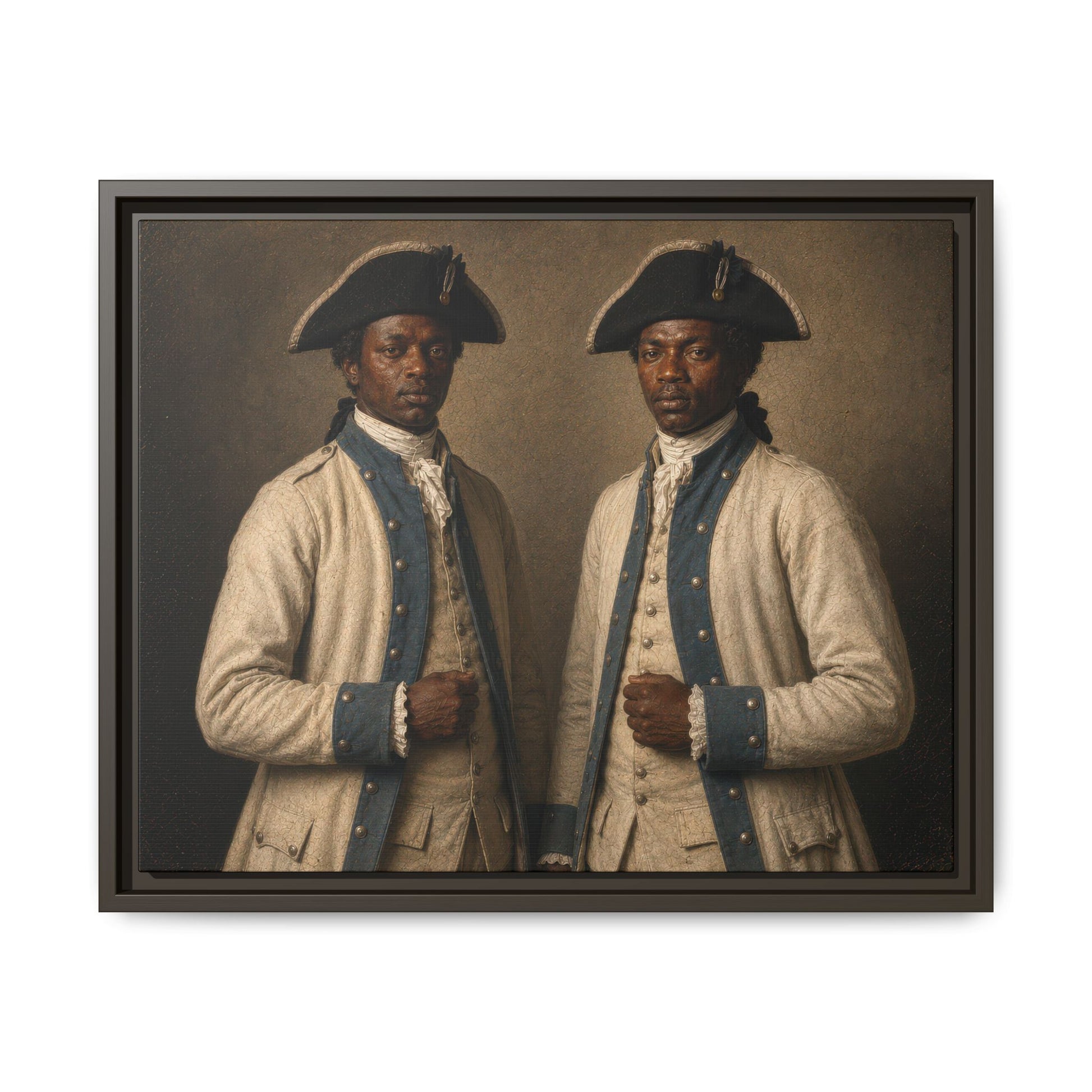 Museum-inspired portrait of two Black French Expédition Particulière soldiers in white uniforms during the American Revolutionary War.