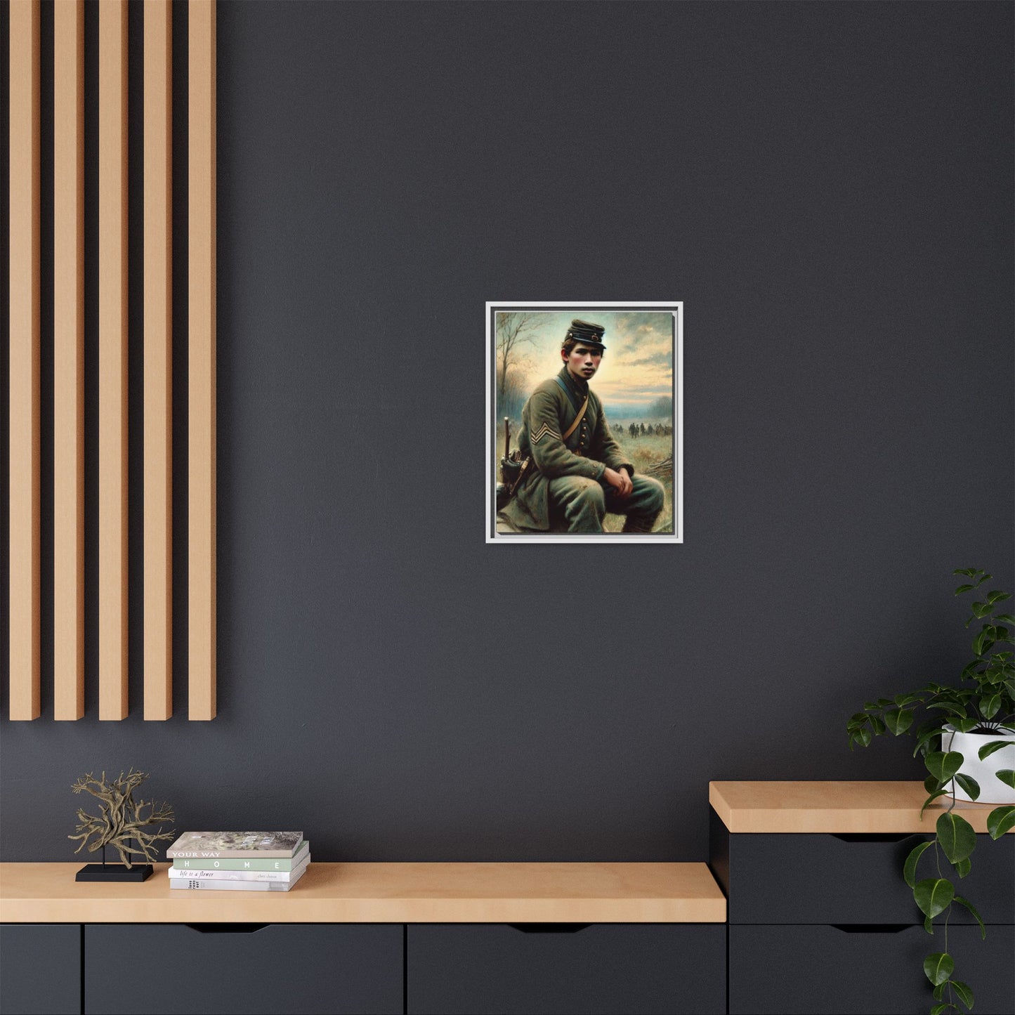 Framed artwork of a Civil War Union soldier inspired by Walt Whitman’s Leaves of Grass and Drum-Taps, depicting themes of sacrifice, strength, and vulnerability amidst a 19th-century battlefield.