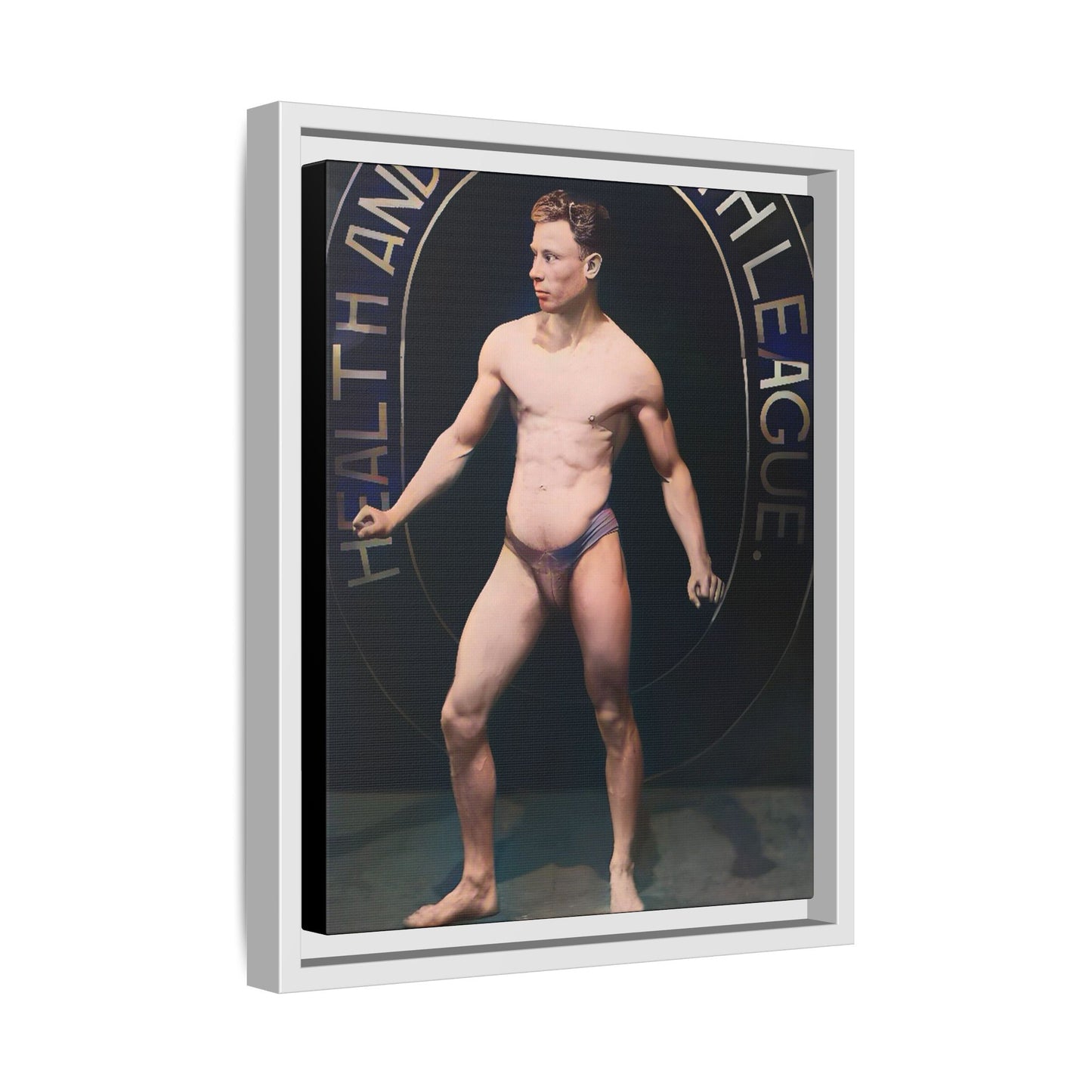 Restored vintage photo of Robert, a young bodybuilder from Manchester, UK, circa early 20th century, framed canvas.