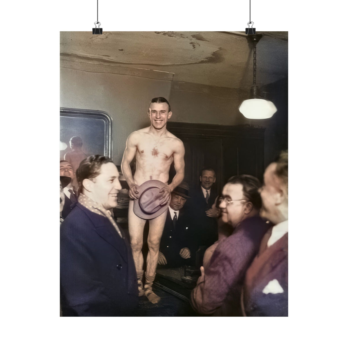 Vintage photography poster depicting a male performer standing above an audience of men in early twentieth-century clothing.