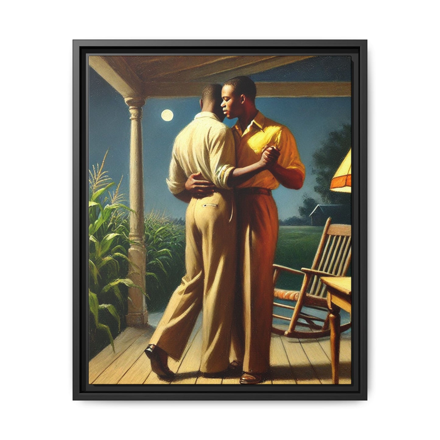 Artwork of an African-American gay couple dancing on a porch under the moonlight, inspired by Grant Wood’s style.