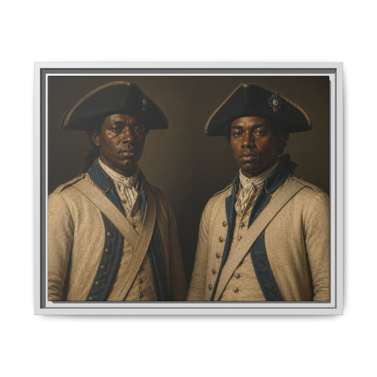 Museum-inspired historical portrait depicting Black French military soldiers who served in America during the Revolution.