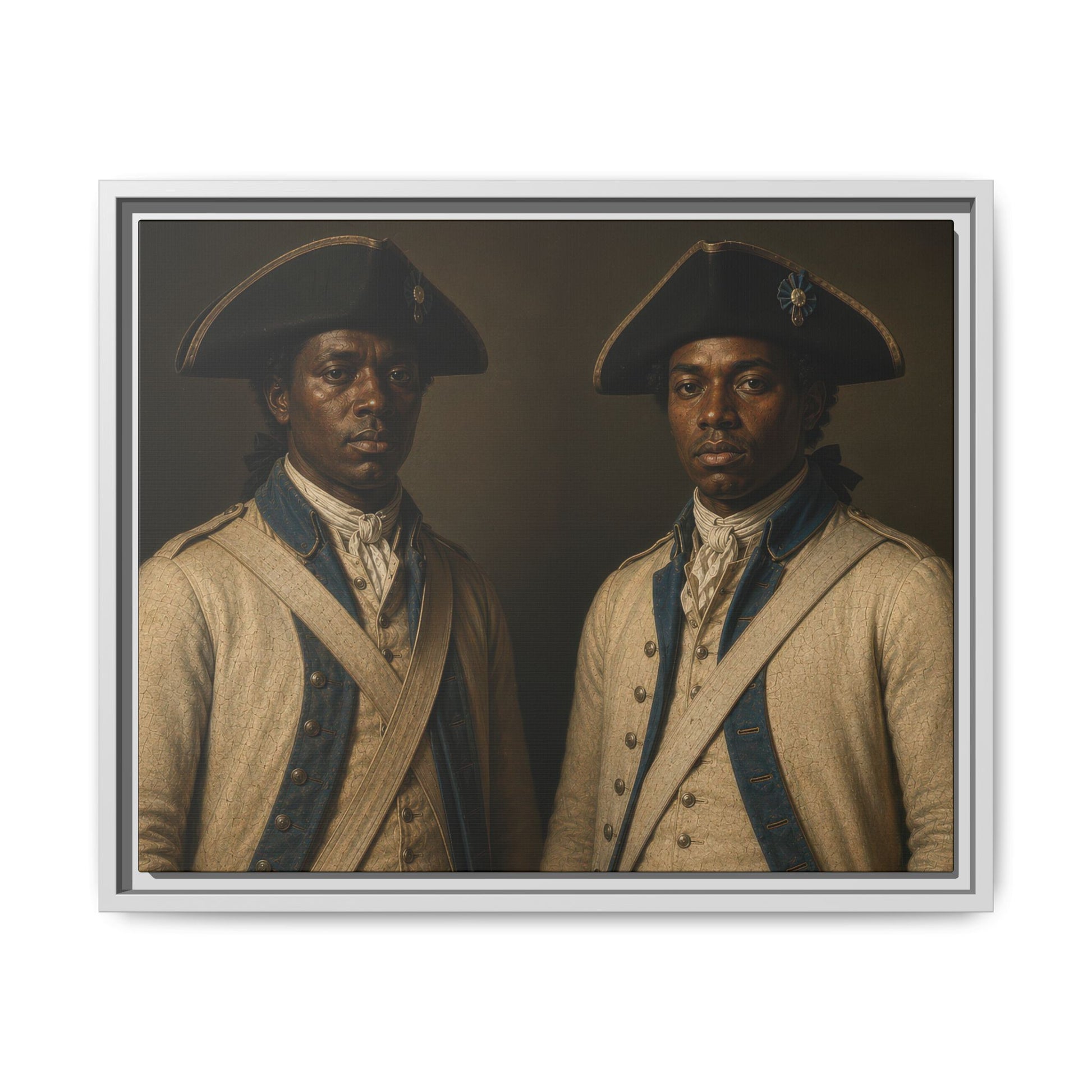 Museum-inspired historical portrait depicting Black French military soldiers who served in America during the Revolution.