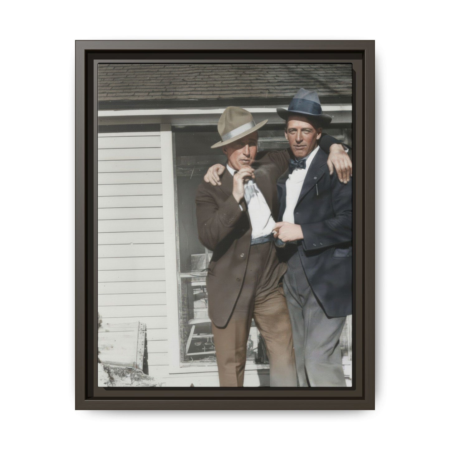 Historic photo of two men standing outside house canvas reproduction