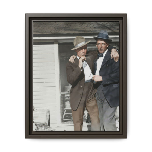 Historic photo of two men standing outside house canvas reproduction