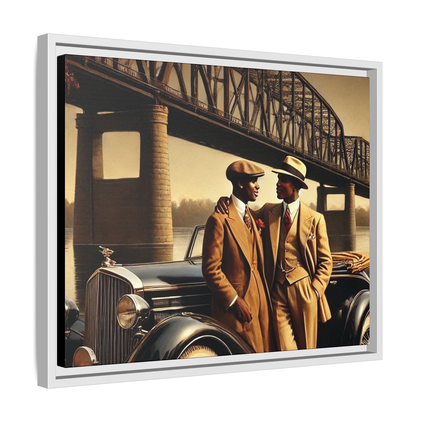 Vintage-style artwork of an African-American gay couple in the 1930s with a Packard car by the Mississippi River, celebrating love and inclusivity.